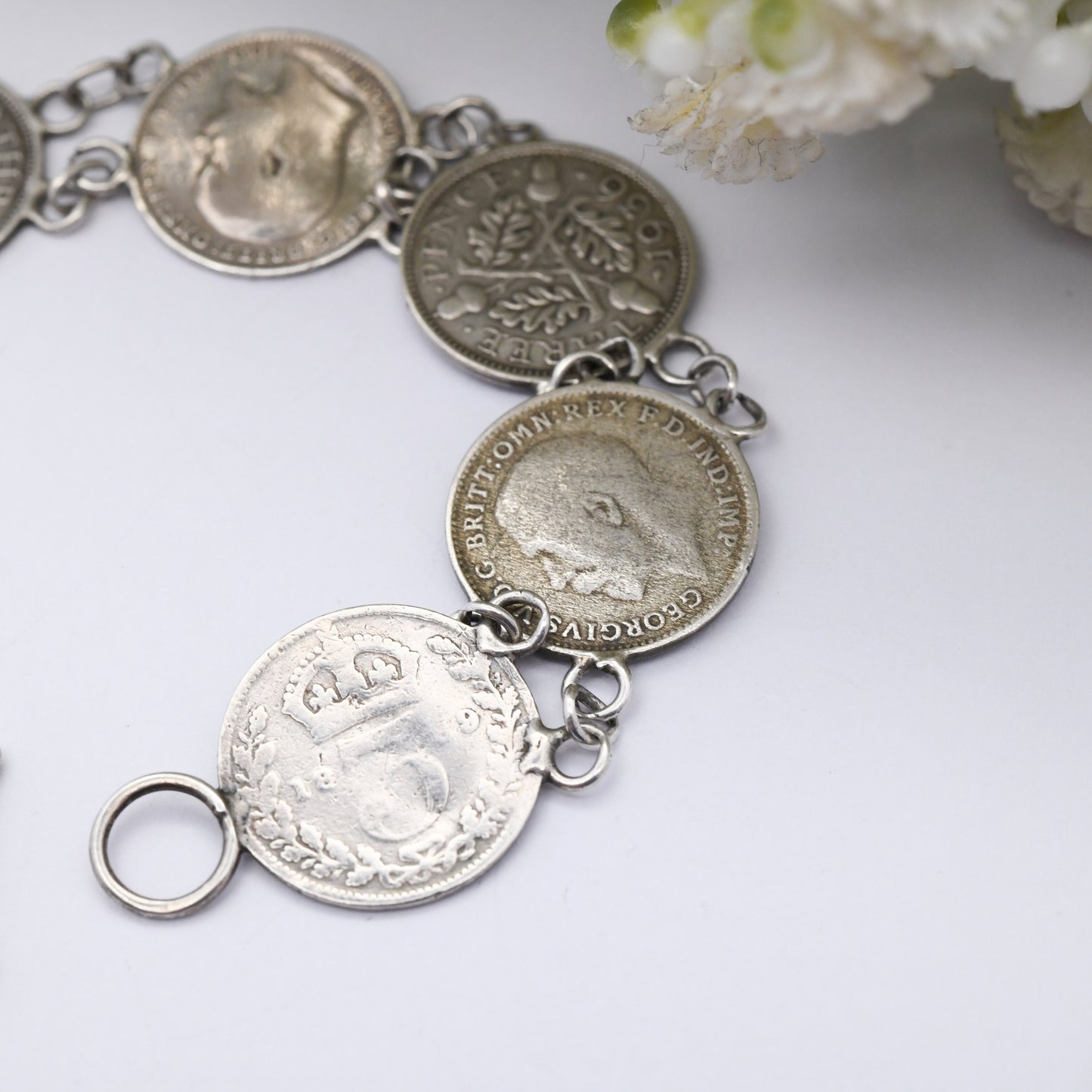 Antique Sterling Silver Threepence Coin Bracelet - Victoria 1906 Edward VII 1917 George V | Silver Coin Jewellery | Toggle Clasp