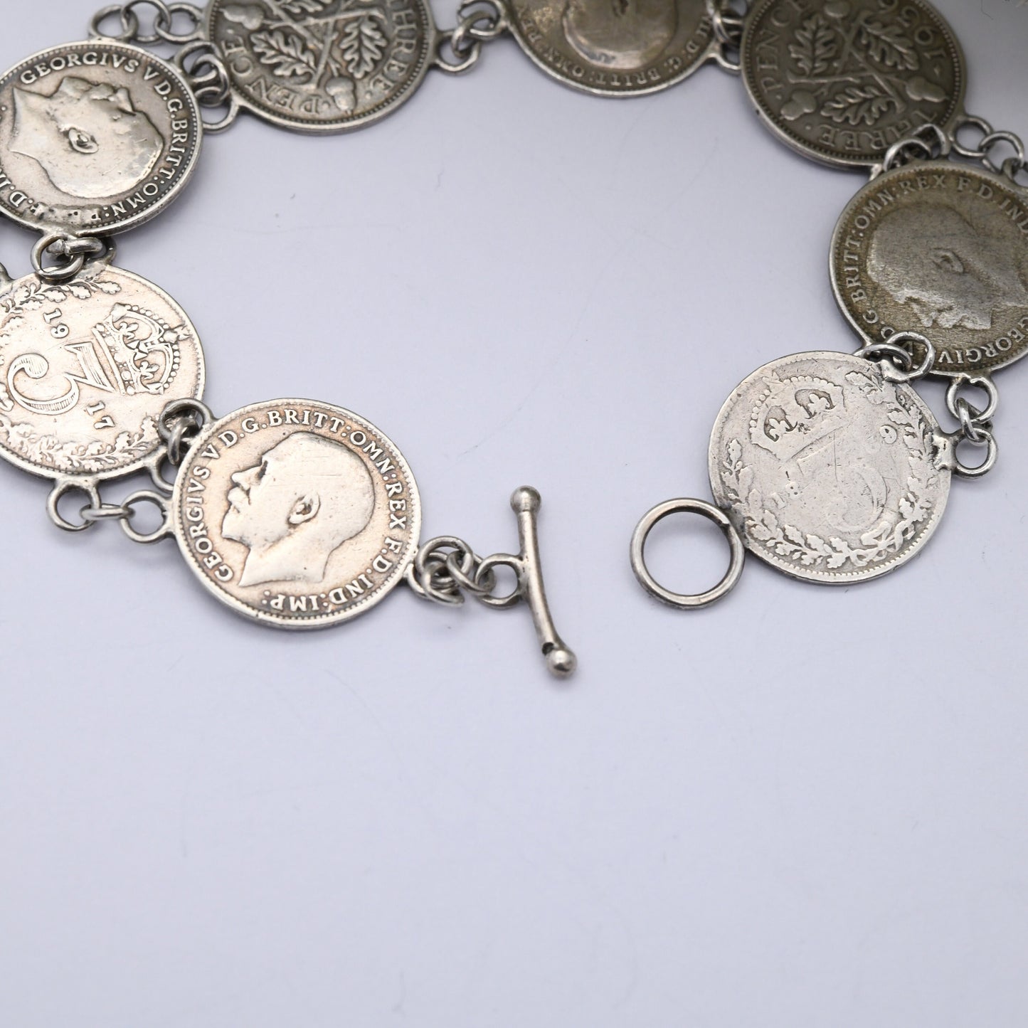 Antique Sterling Silver Threepence Coin Bracelet - Victoria 1906 Edward VII 1917 George V | Silver Coin Jewellery | Toggle Clasp