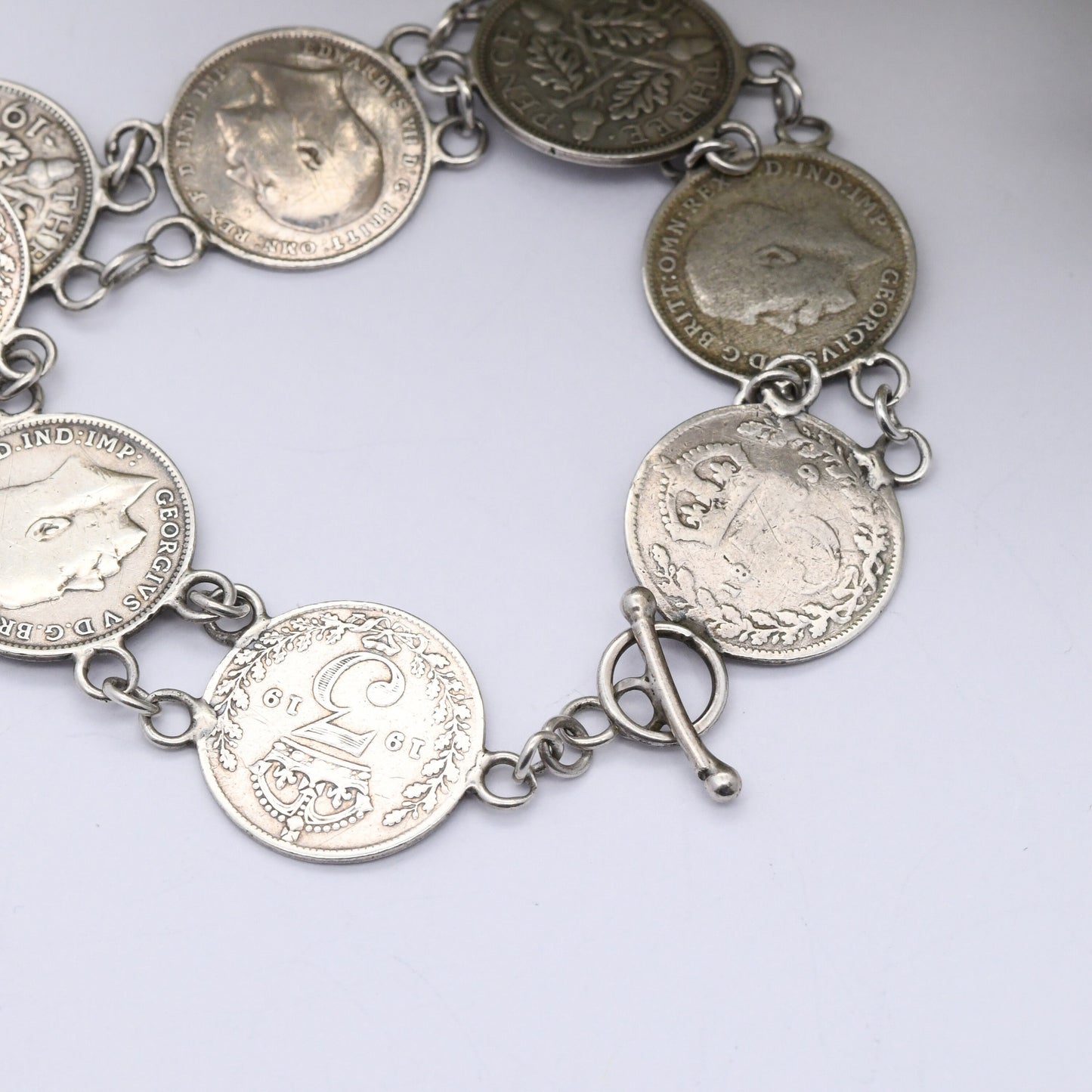 Antique Sterling Silver Threepence Coin Bracelet - Victoria 1906 Edward VII 1917 George V | Silver Coin Jewellery | Toggle Clasp