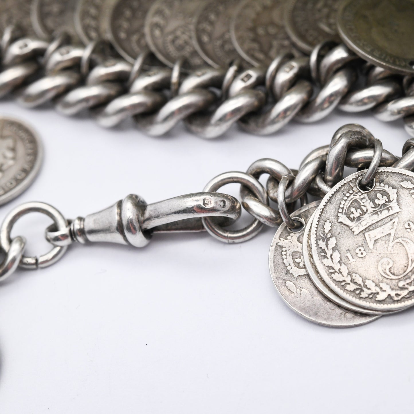 Antique Silver Threepence Coin Charm Bracelet Dog Clip 1896 with 1844 Victoria 1902 Edward VII 1912 George V - Curb Link 29 Coin Collection