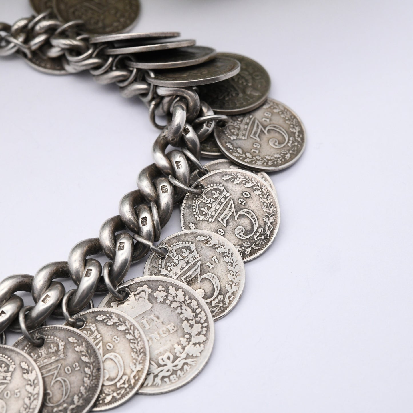 Antique Silver Threepence Coin Charm Bracelet Dog Clip 1896 with 1844 Victoria 1902 Edward VII 1912 George V - Curb Link 29 Coin Collection