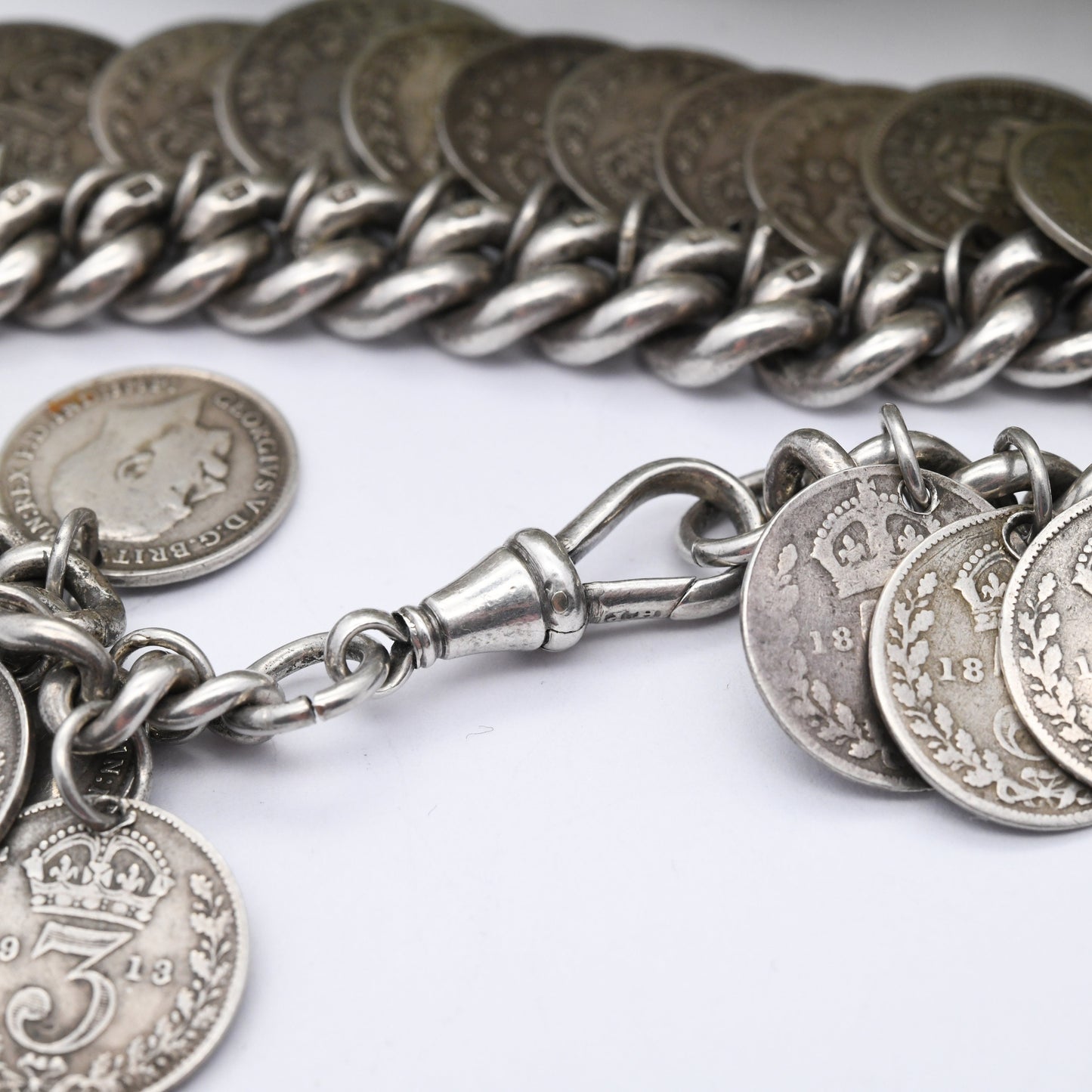 Antique Silver Threepence Coin Charm Bracelet Dog Clip 1896 with 1844 Victoria 1902 Edward VII 1912 George V - Curb Link 29 Coin Collection