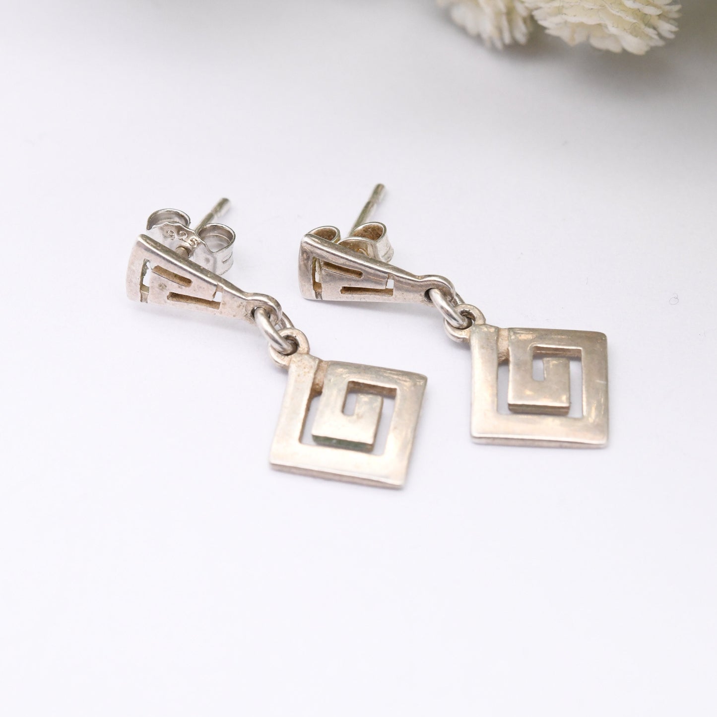 Vintage Sterling Silver Meander Drop Earrings - Openwork Greek Key Maze Design