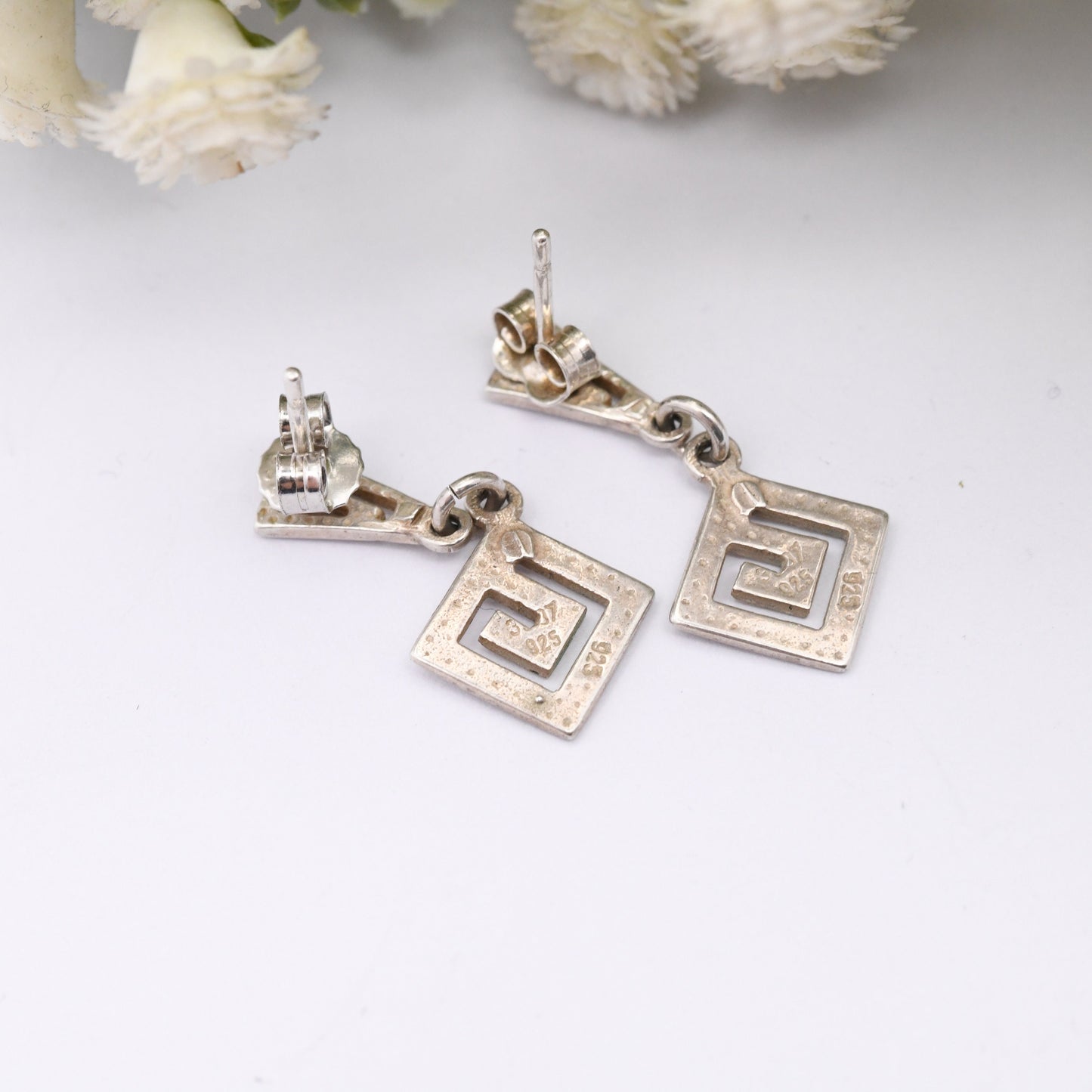 Vintage Sterling Silver Meander Drop Earrings - Openwork Greek Key Maze Design