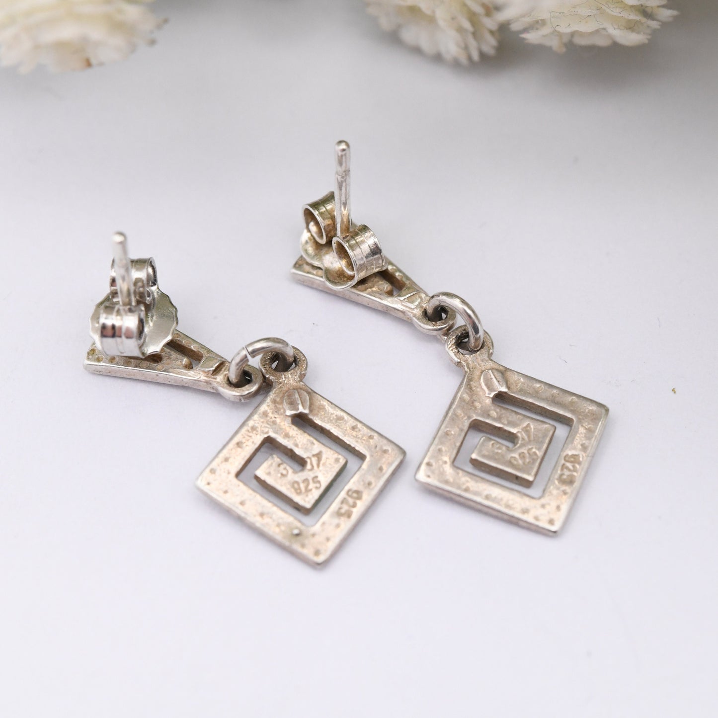 Vintage Sterling Silver Meander Drop Earrings - Openwork Greek Key Maze Design