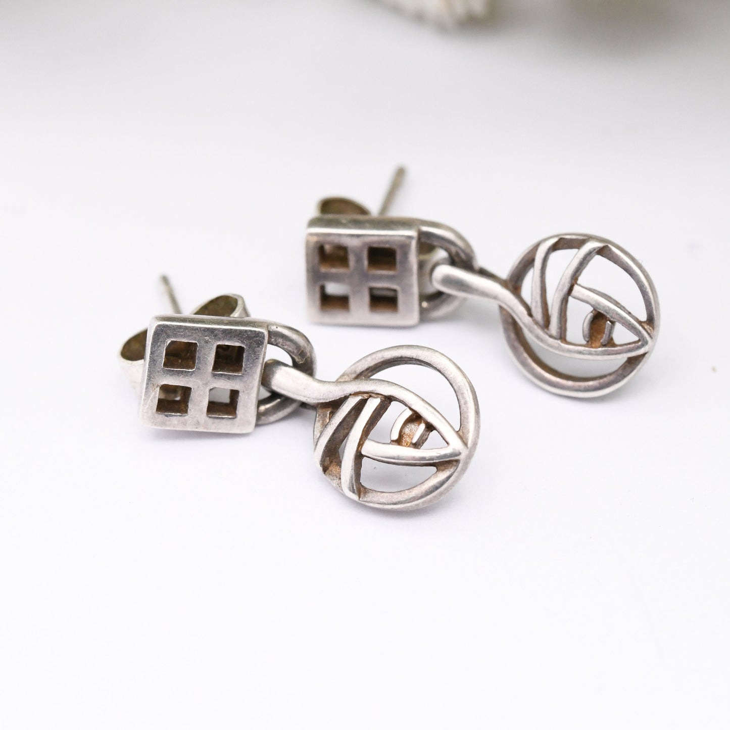 Vintage Carrick Sterling Silver Celtic Flower Drop Earrings - Openwork Glasgow Rose Design
