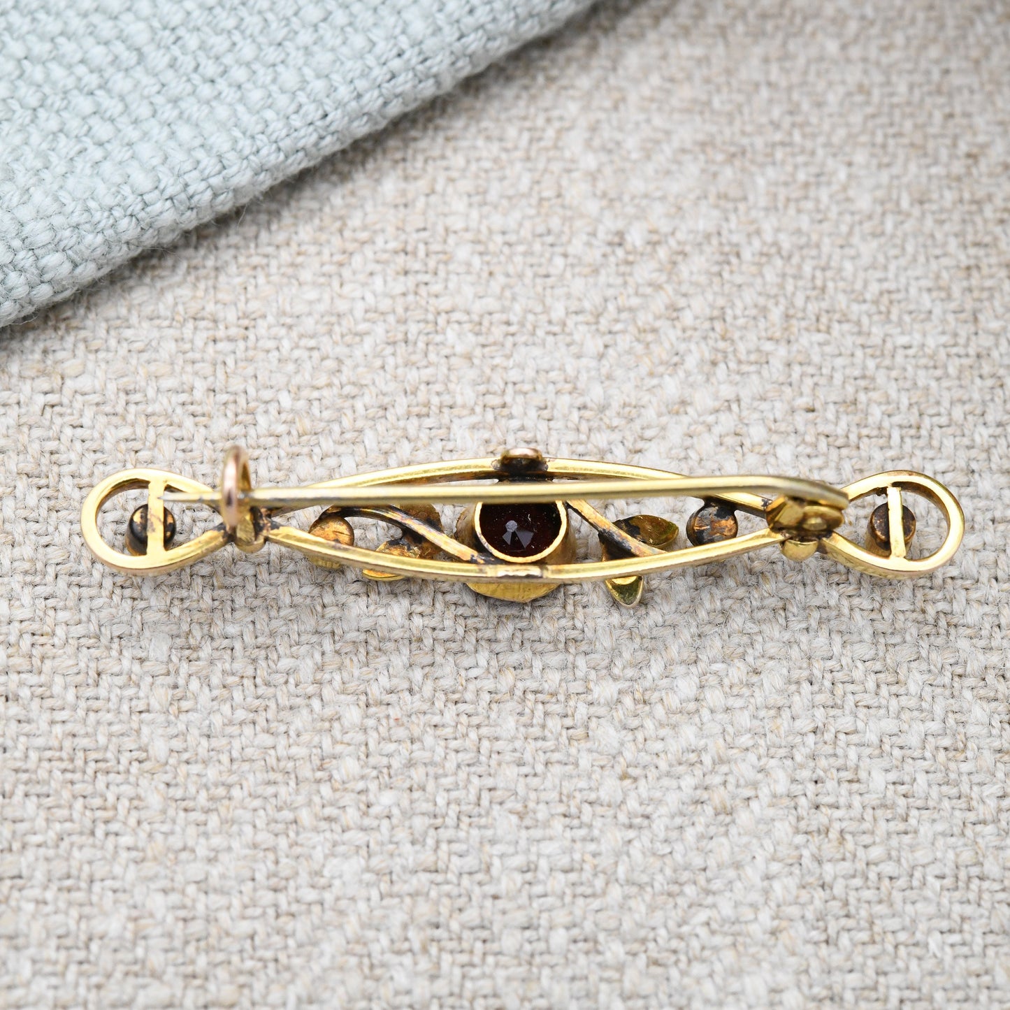Antique 9ct Gold Garnet Pearl Bar Brooch - Edwardian Solid Gold Jewellery | Pretty Floral Gift | Faceted Red Gemstone