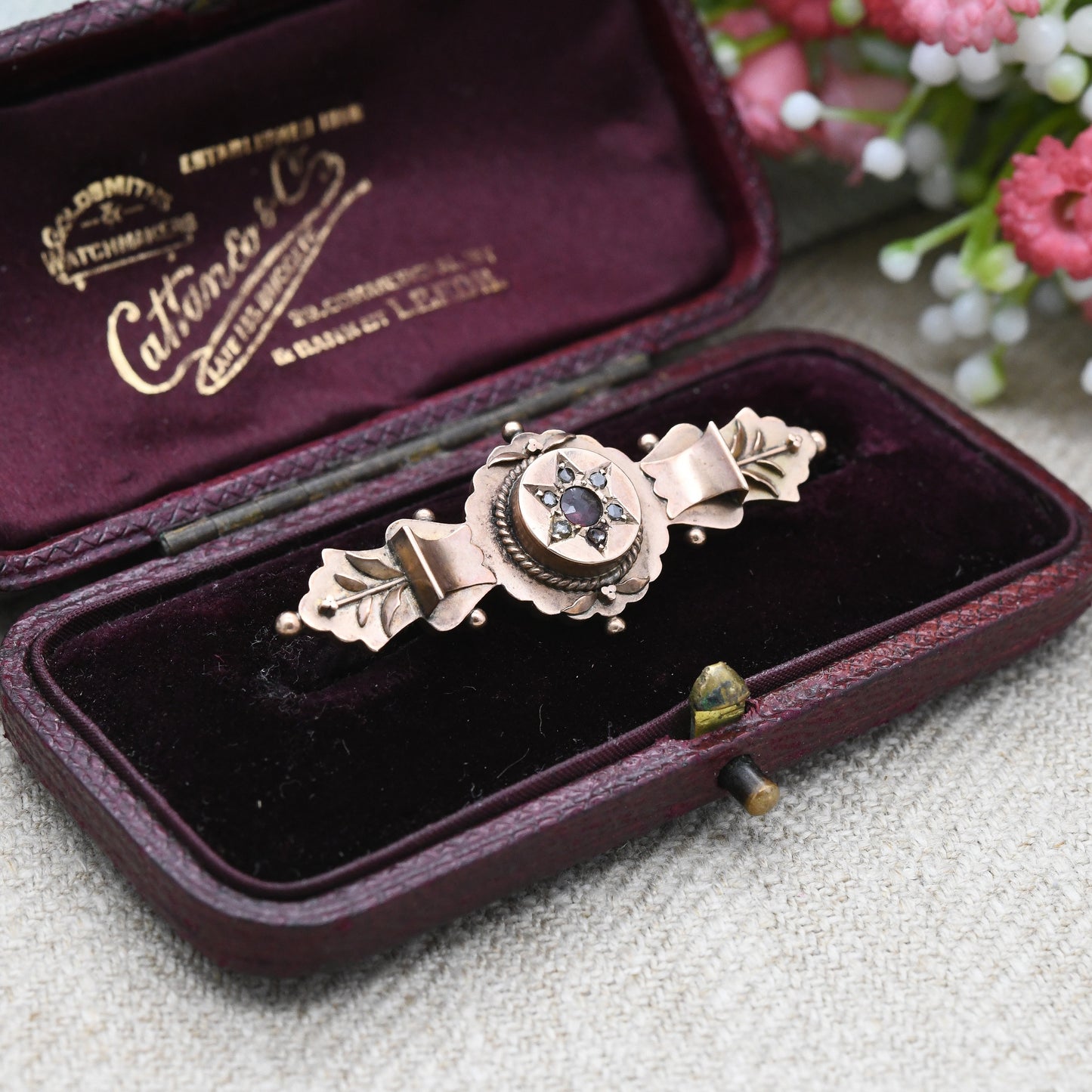 Antique 9ct Gold Mourning Brooch with Garnet and Diamonds 1905 - Secret Hidden Locket Hair Compartment | Star Shape Design Floral Detail