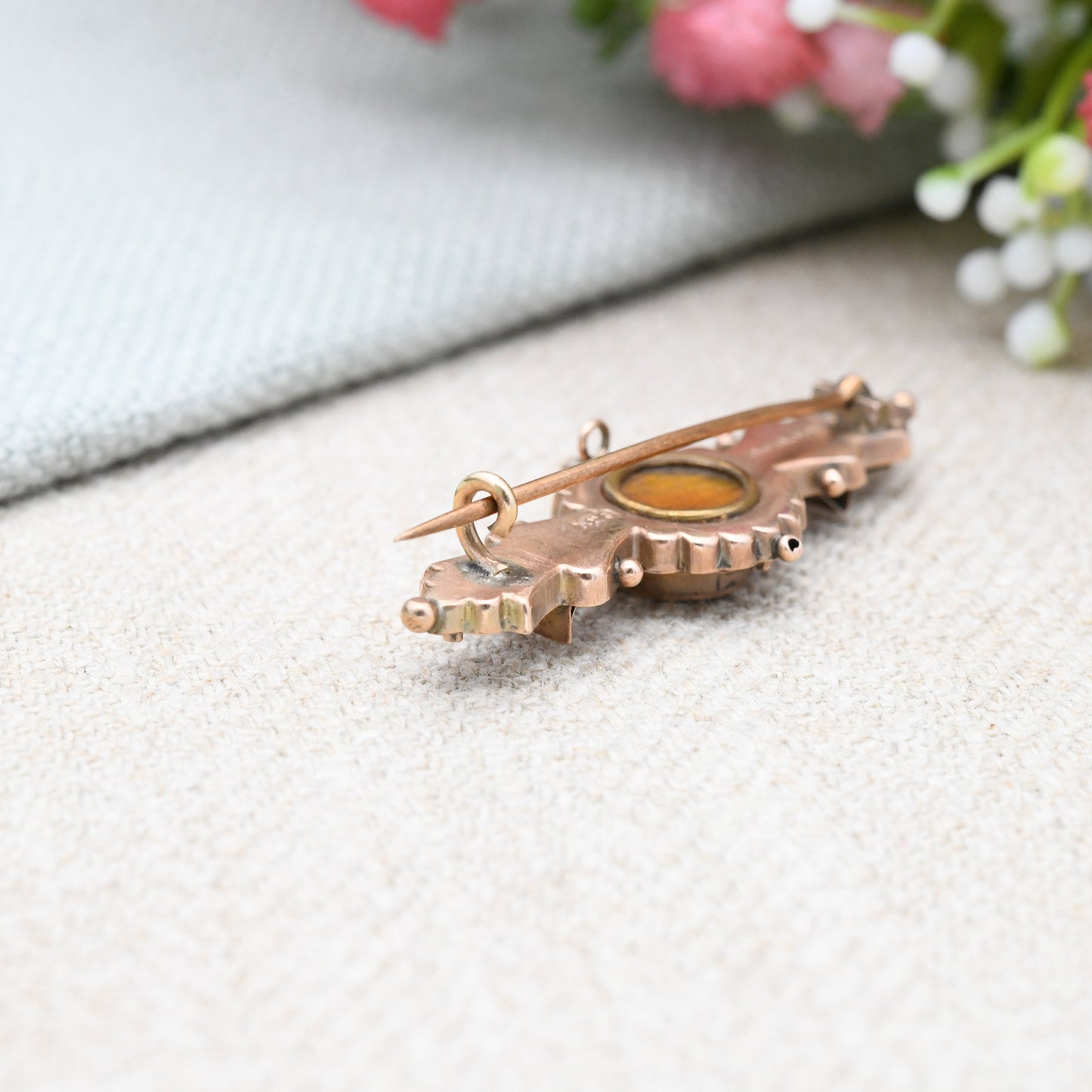 Antique 9ct Gold Mourning Brooch with Garnet and Diamonds 1905 - Secret Hidden Locket Hair Compartment | Star Shape Design Floral Detail
