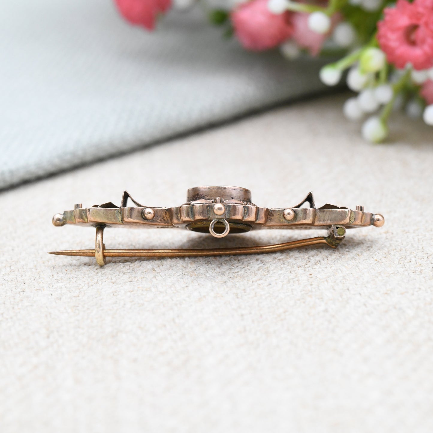 Antique 9ct Gold Mourning Brooch with Garnet and Diamonds 1905 - Secret Hidden Locket Hair Compartment | Star Shape Design Floral Detail