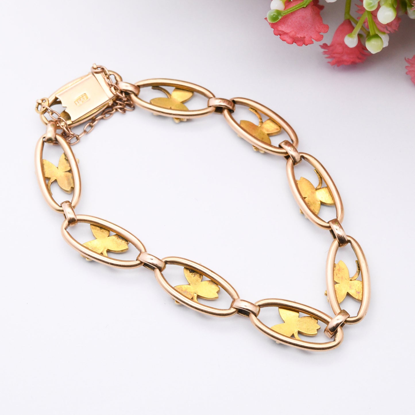Antique Victorian 15ct Gold Bracelet with Turquoise and Pearl Three Leaf Clover Design - Lucky Symbol Good Luck Jewellery | Tulip Leaf