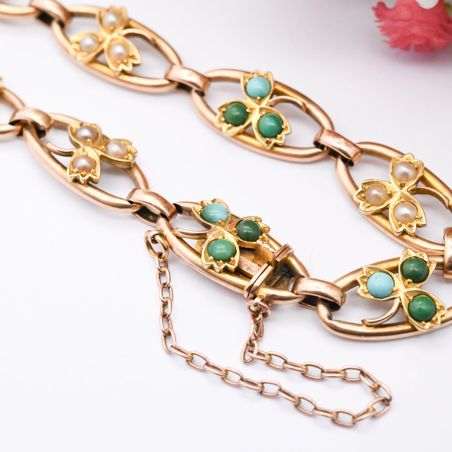 Antique Victorian 15ct Gold Bracelet with Turquoise and Pearl Three Leaf Clover Design - Lucky Symbol Good Luck Jewellery | Tulip Leaf