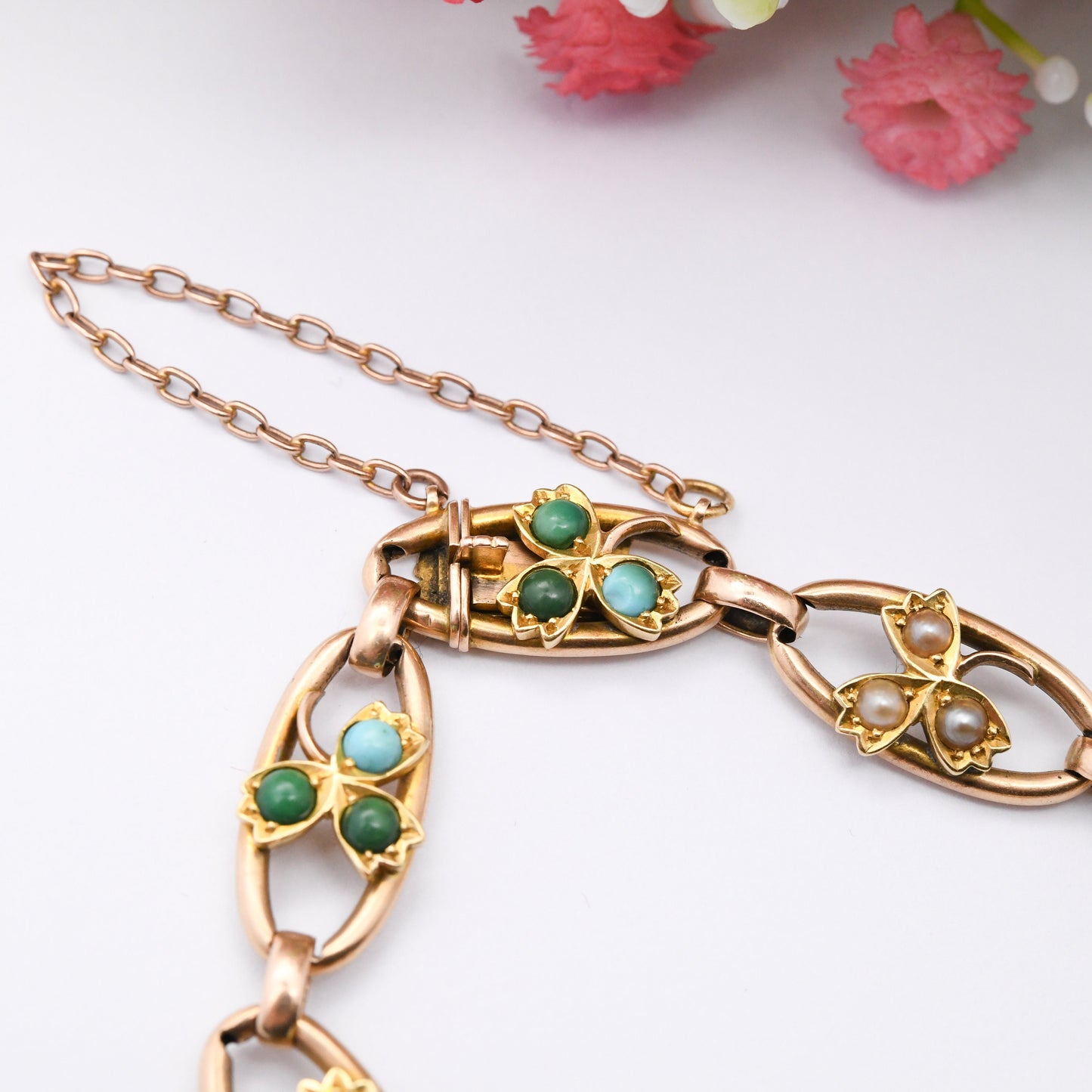 Antique Victorian 15ct Gold Bracelet with Turquoise and Pearl Three Leaf Clover Design - Lucky Symbol Good Luck Jewellery | Tulip Leaf