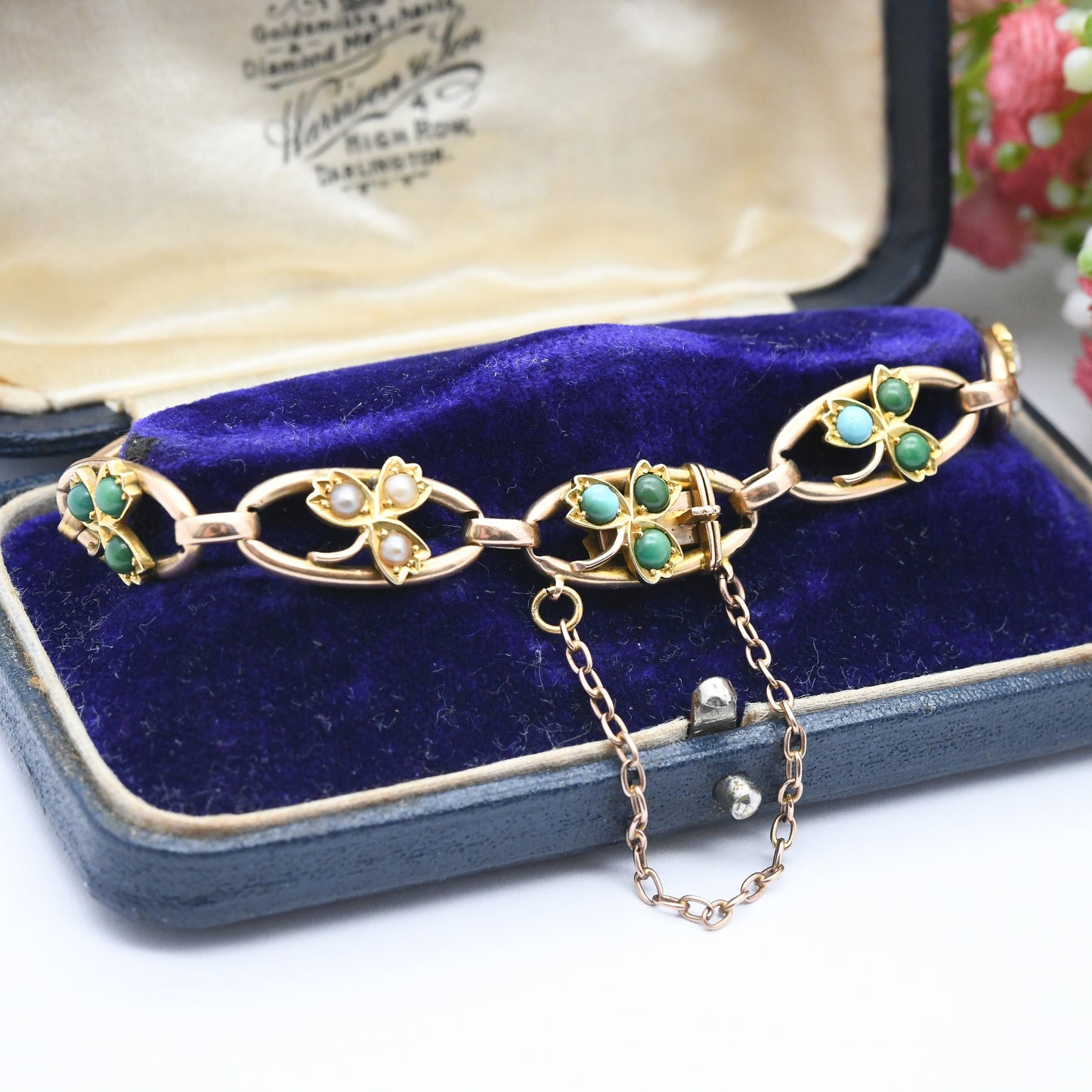 Antique Victorian 15ct Gold Bracelet with Turquoise and Pearl Three Leaf Clover Design - Lucky Symbol Good Luck Jewellery | Tulip Leaf