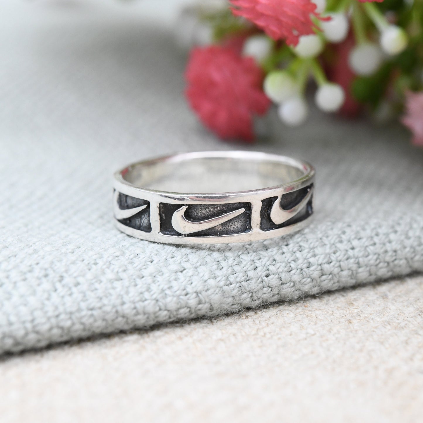 Vintage Sterling Silver Nike Logo Band Ring - Nike Tick Swoosh | Just Do It | Unisex Sports Brand Band | UK Size - P | US Size - 7 1/2