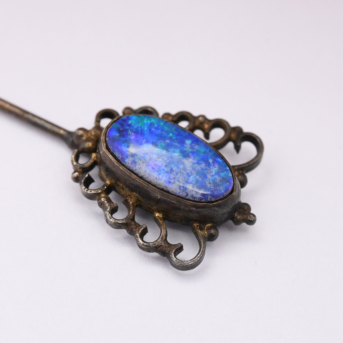 Vintage Opal Stick Pin Blue Opal Cap - Double Ended Lapel Tie Pin | Opal Doublet | Ornate Antique Style