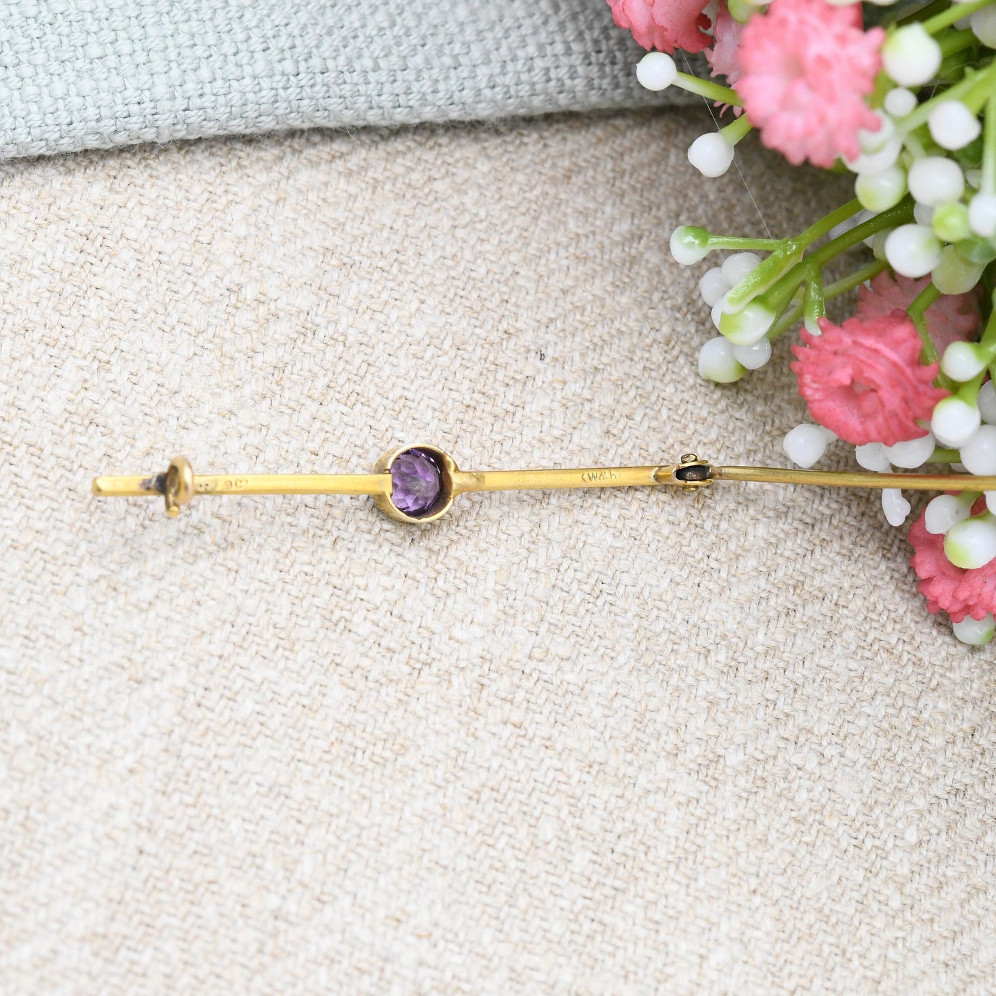 Antique Edwardian 9ct Gold Brooch with Amethyst - Minimal Solid Gold Bar Brooch | Large Solitaire Gemstone