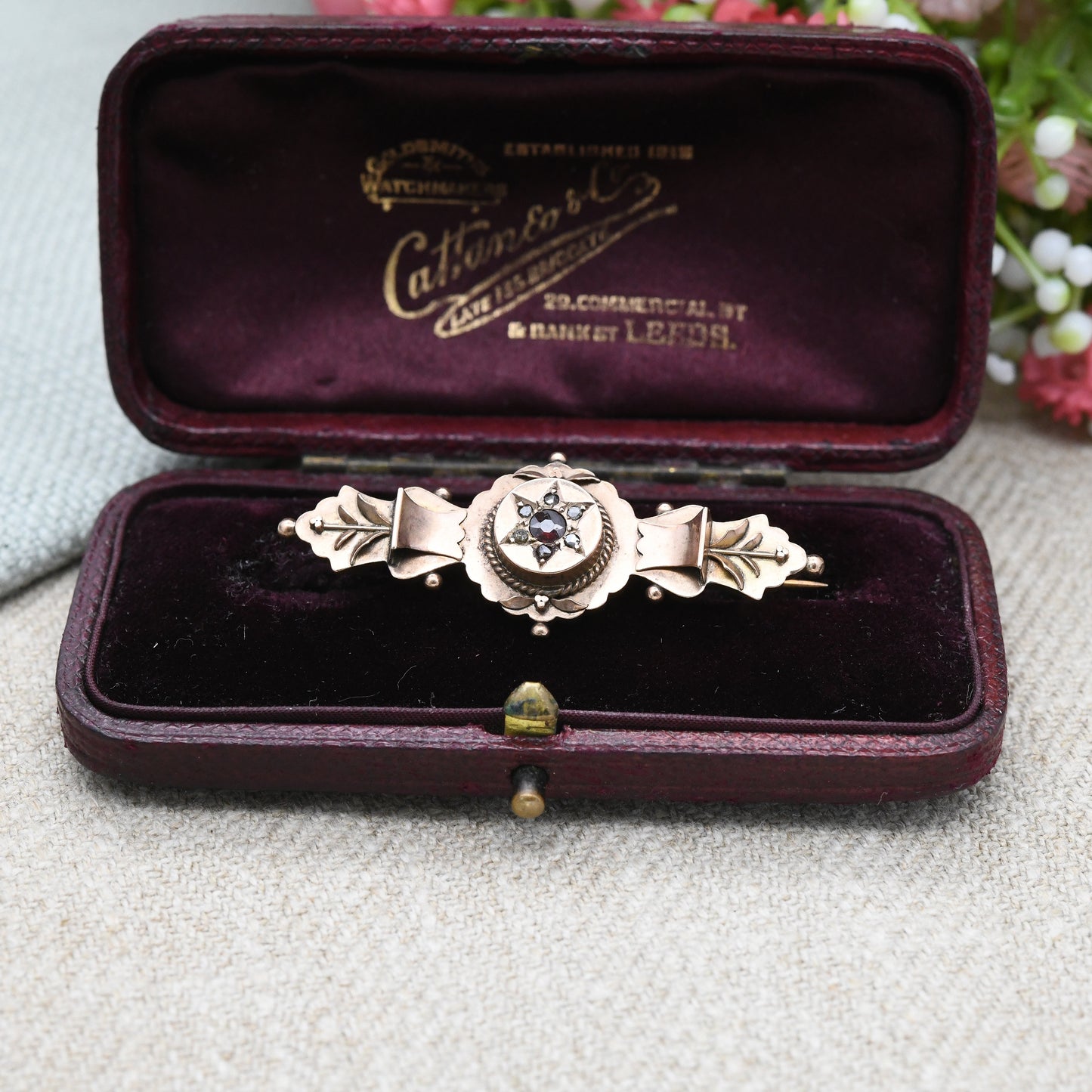 Antique 9ct Gold Mourning Brooch with Garnet and Diamonds 1905 - Secret Hidden Locket Hair Compartment | Star Shape Design Floral Detail