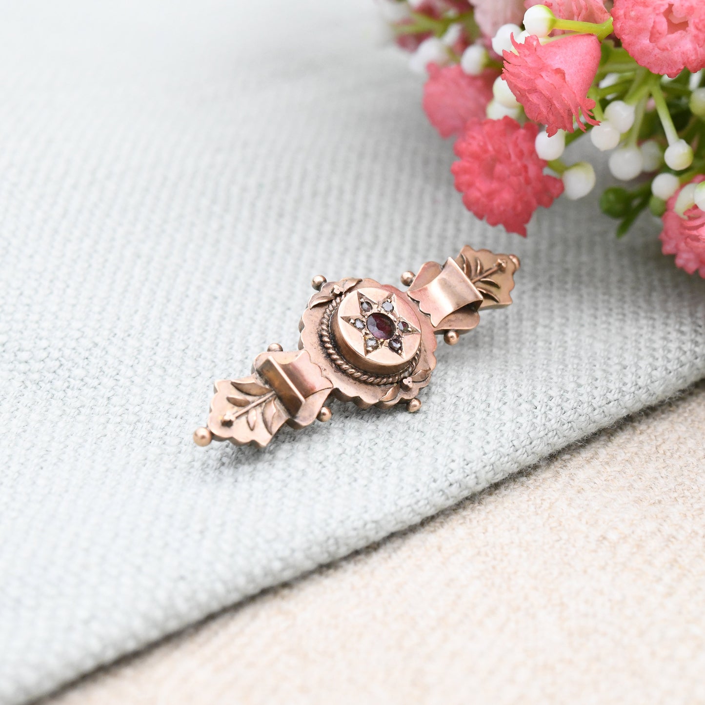 Antique 9ct Gold Mourning Brooch with Garnet and Diamonds 1905 - Secret Hidden Locket Hair Compartment | Star Shape Design Floral Detail