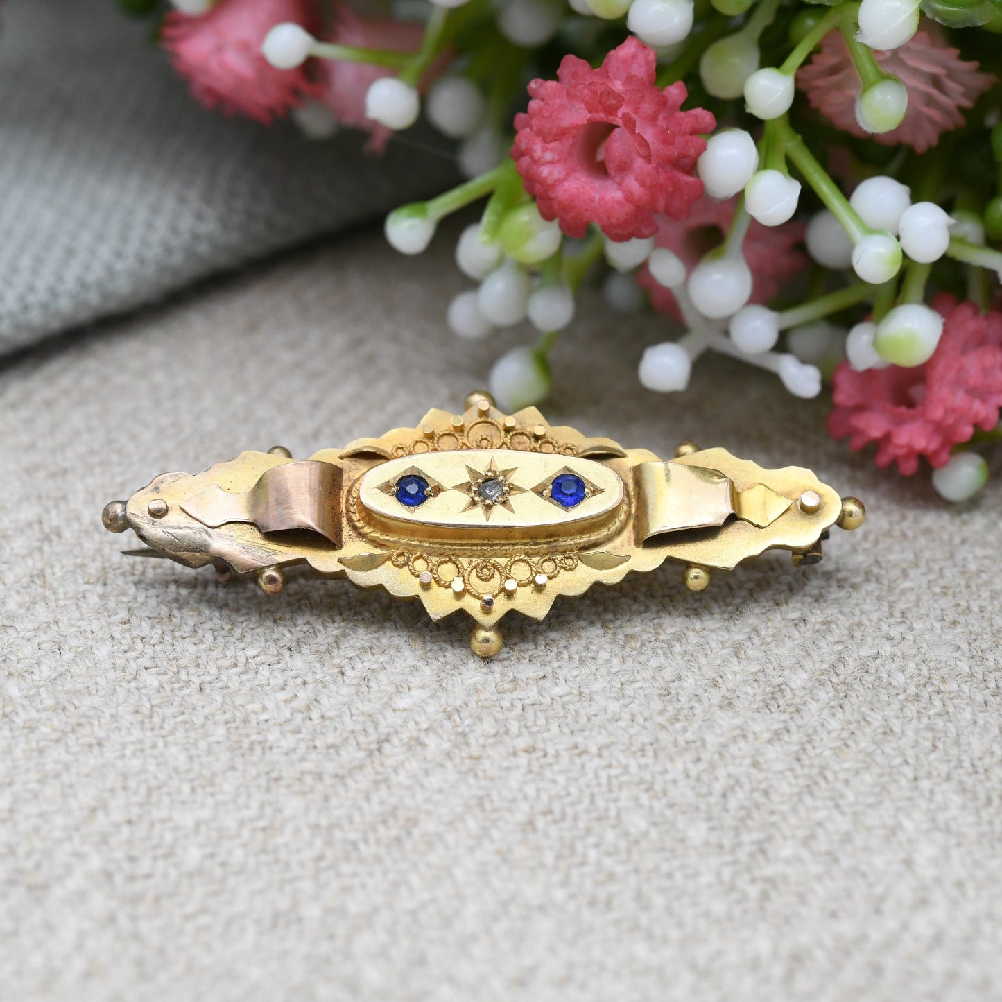 Antique Victorian 9ct Gold Diamond Brooch 1919 by Thomas Hale Chester Hallmarks - Starburst Setting | Blue Stones | Ornate Detail