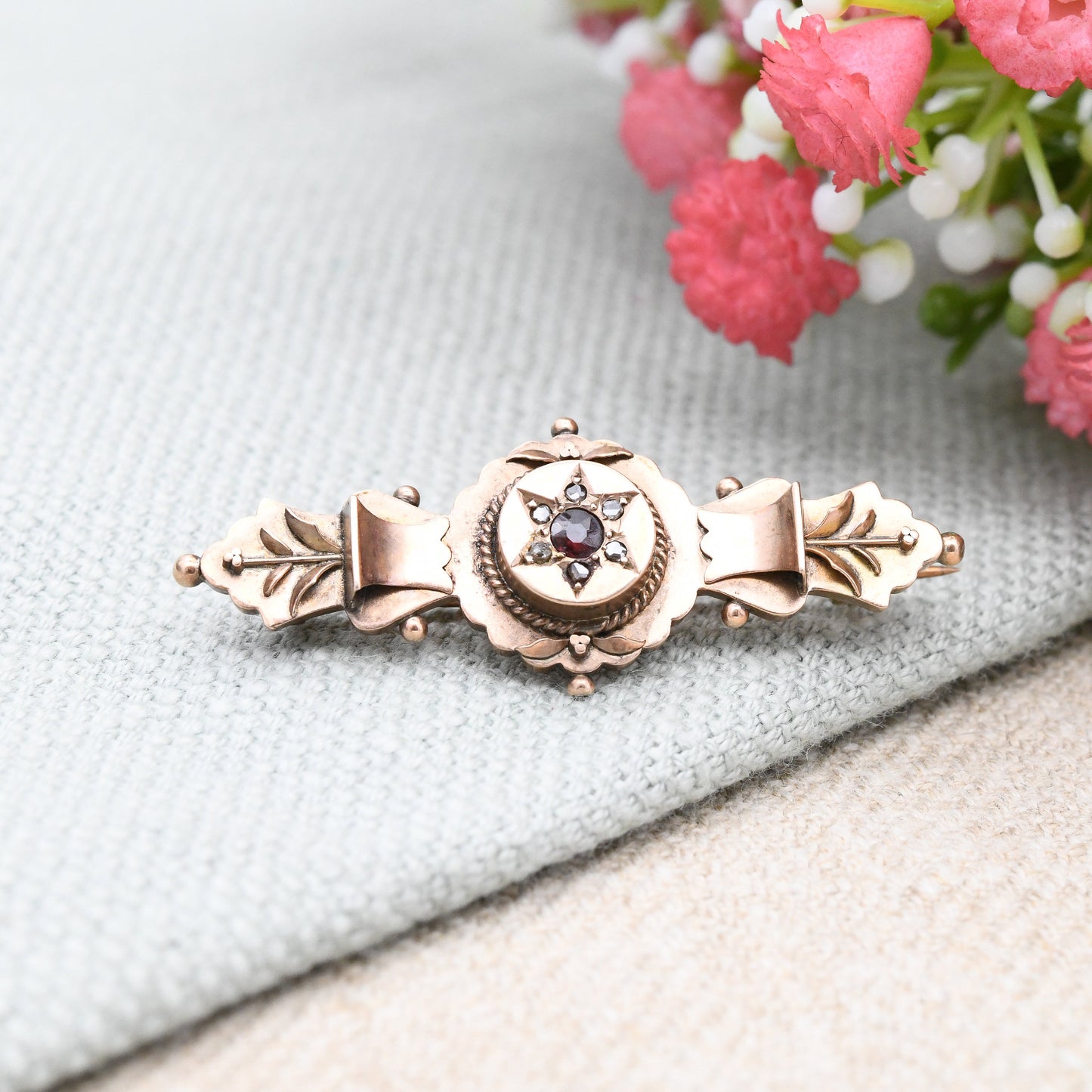Antique 9ct Gold Mourning Brooch with Garnet and Diamonds 1905 - Secret Hidden Locket Hair Compartment | Star Shape Design Floral Detail