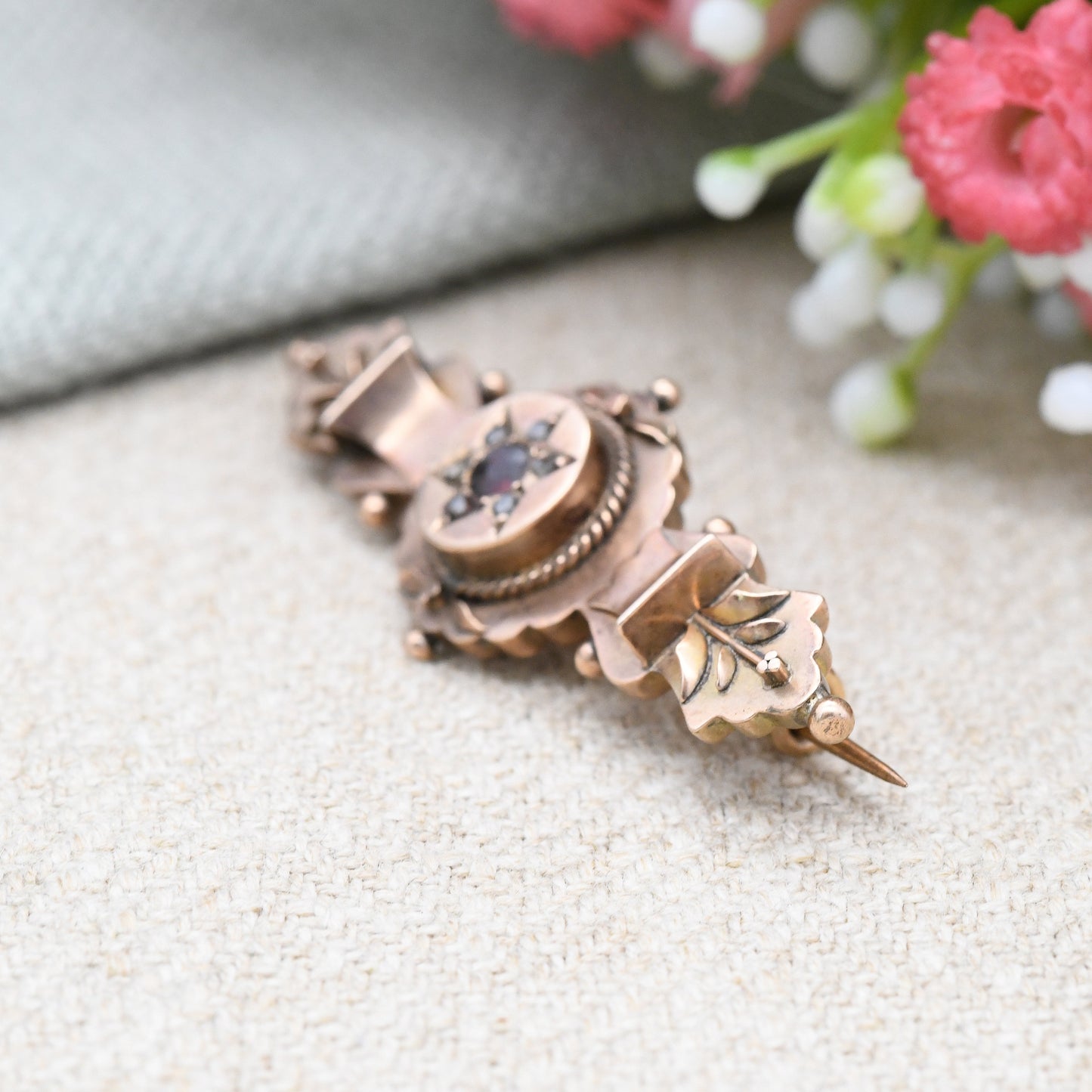 Antique 9ct Gold Mourning Brooch with Garnet and Diamonds 1905 - Secret Hidden Locket Hair Compartment | Star Shape Design Floral Detail
