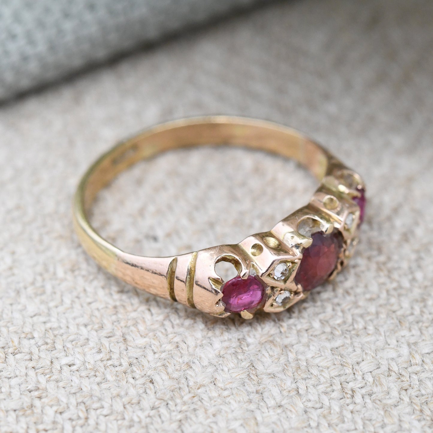 Antique 18ct Gold Ruby Diamond Three Stone Ring - Edwardian Gypsy Ring | Unusual Engagement Ring | UK Size - L | US Size - 5 3/4