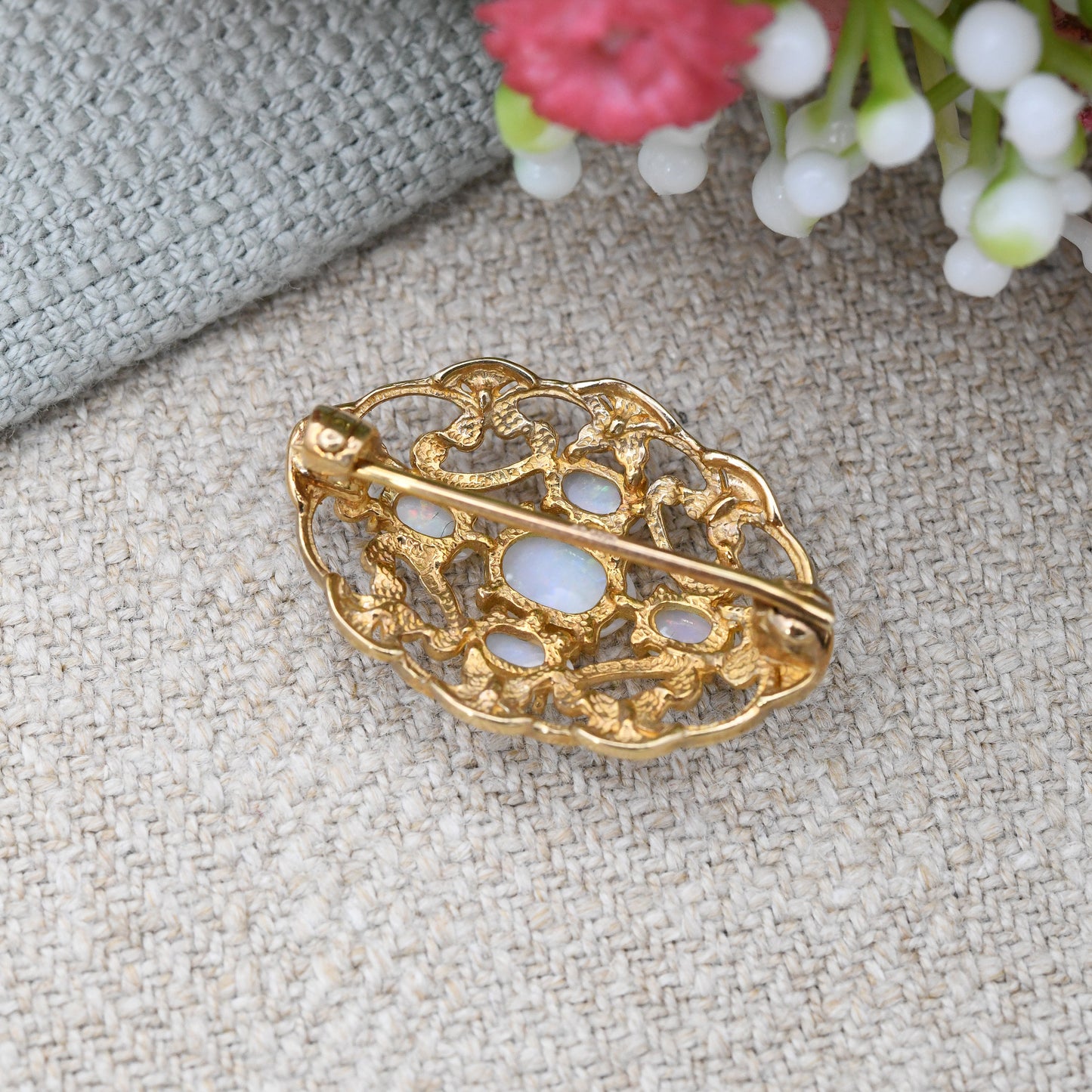 Vintage Ornate 9ct Gold Opal Brooch 1990 - Cabochon White Opals | Antique Style Solid Gold Gemstone Brooch