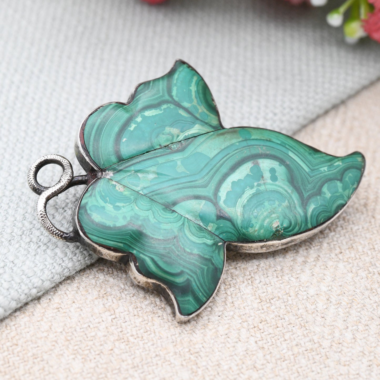 Antique Victorian Silver Malachite Ivy Leaf Brooches Rare Set of Three - Green Leaves Natural Gemstones | Graduated Sizes Small Medium Large