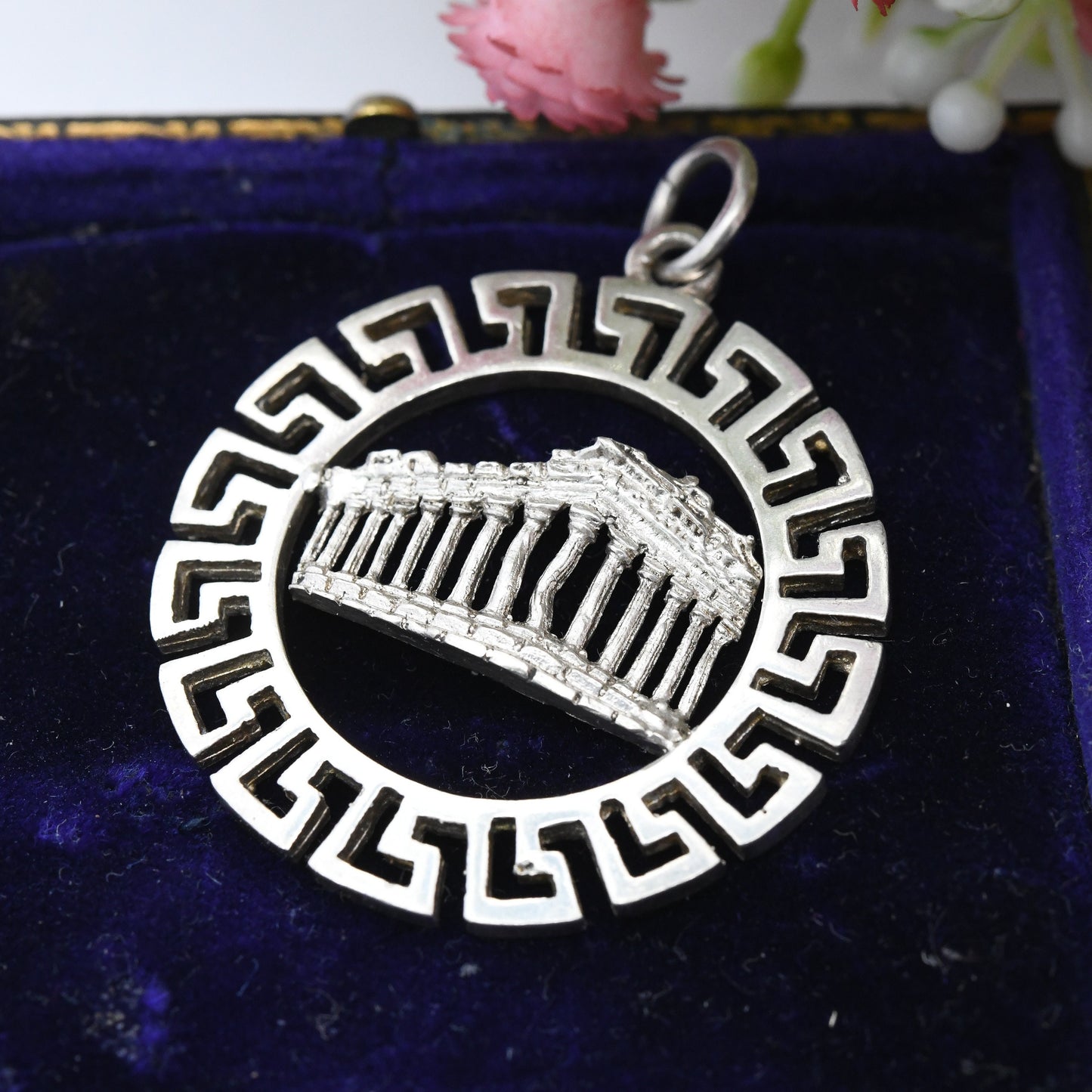 Vintage Sterling Silver Athens Parthenon Pendant - Openwork Meander Greek Key Border | Ancient Greece Souvenir | Acropolis Souvenir Gift