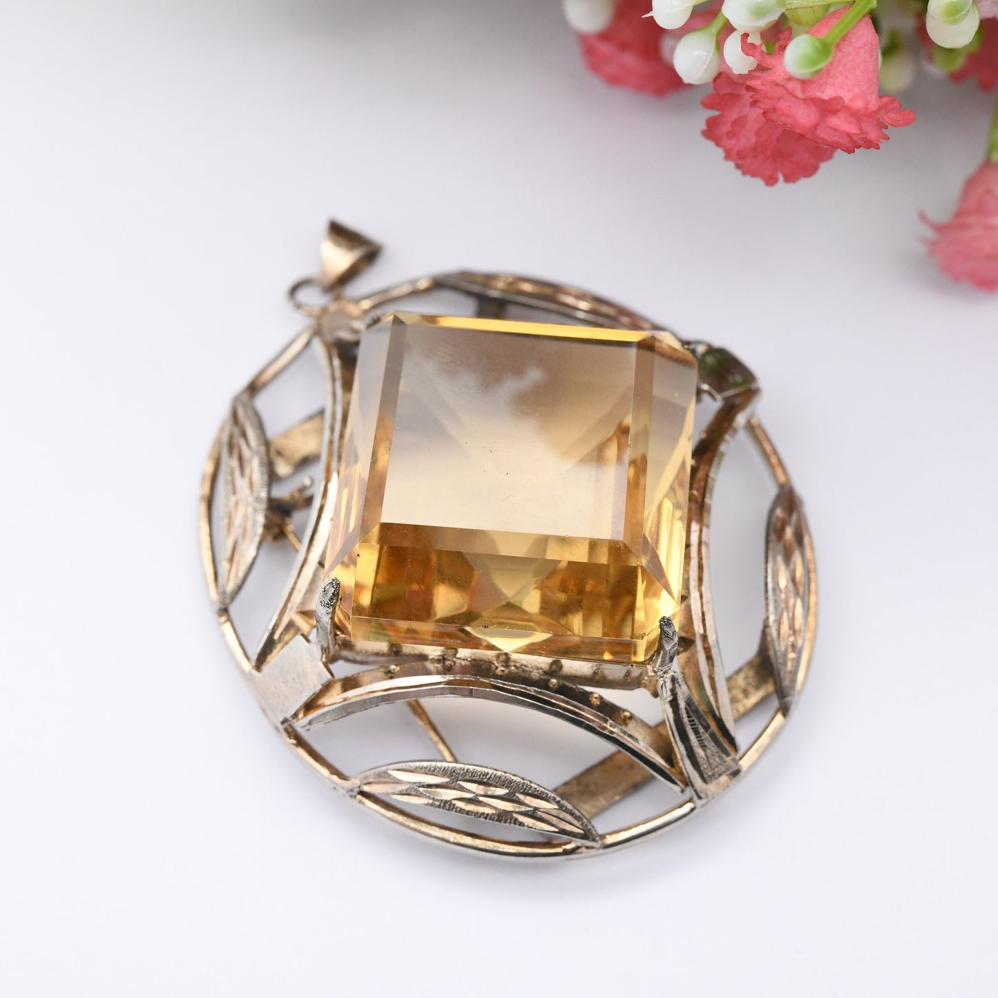 Vintage Oversized Citrine Glass Brooch Pendant - Large Faceted Diamond Shape Stone | Chunky Heavy Oval Pendant Belt Buckle Scottish Style