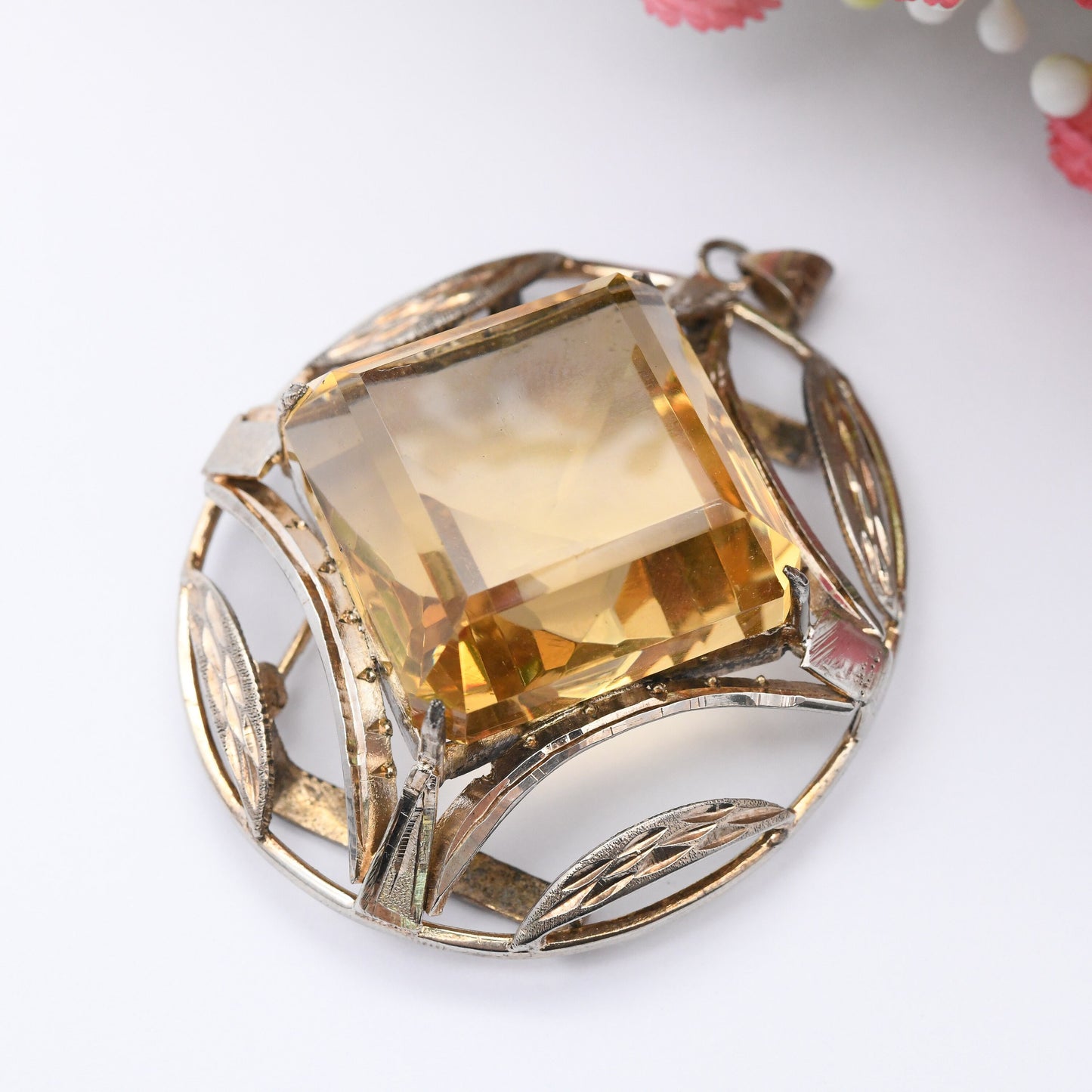 Vintage Oversized Citrine Glass Brooch Pendant - Large Faceted Diamond Shape Stone | Chunky Heavy Oval Pendant Belt Buckle Scottish Style
