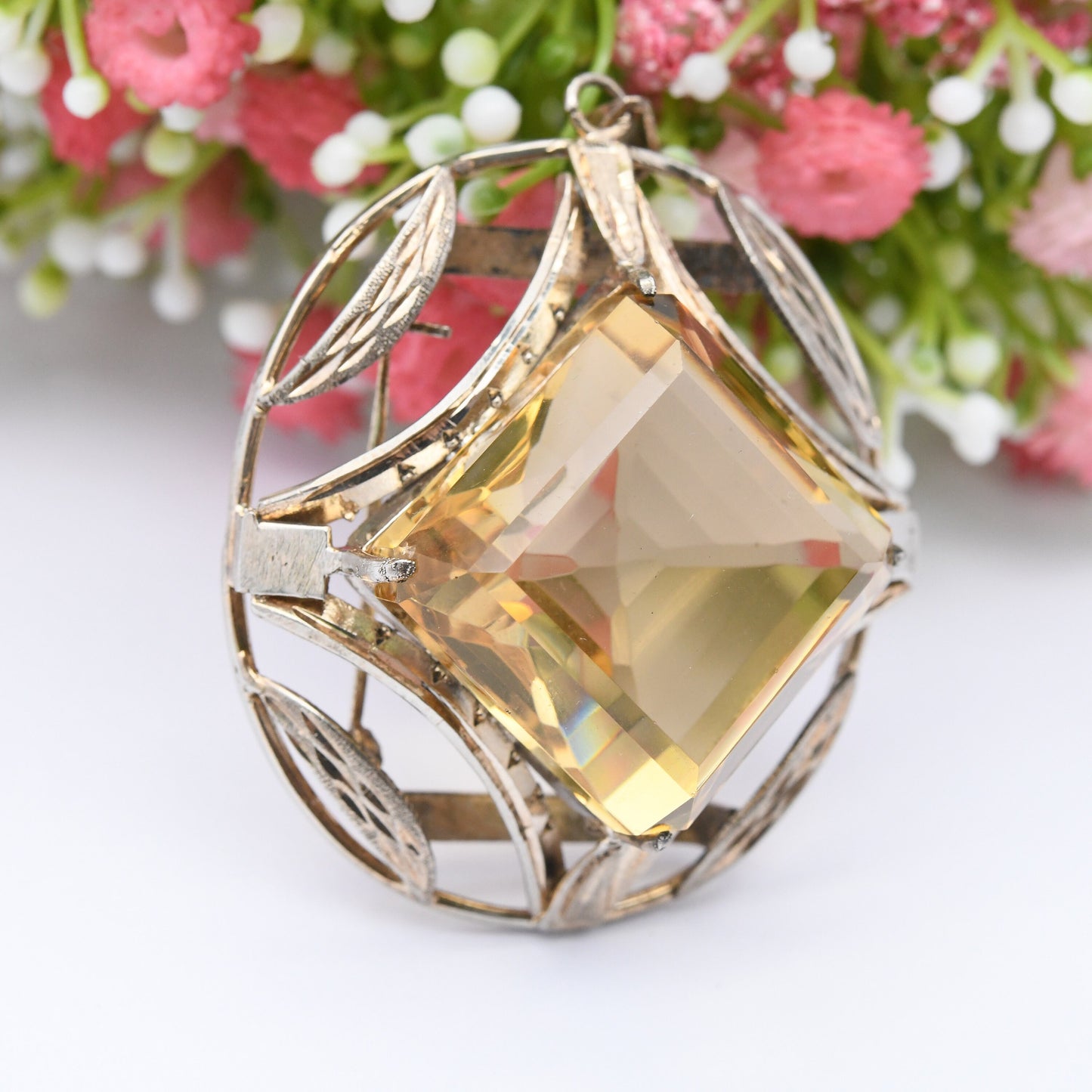 Vintage Oversized Citrine Glass Brooch Pendant - Large Faceted Diamond Shape Stone | Chunky Heavy Oval Pendant Belt Buckle Scottish Style