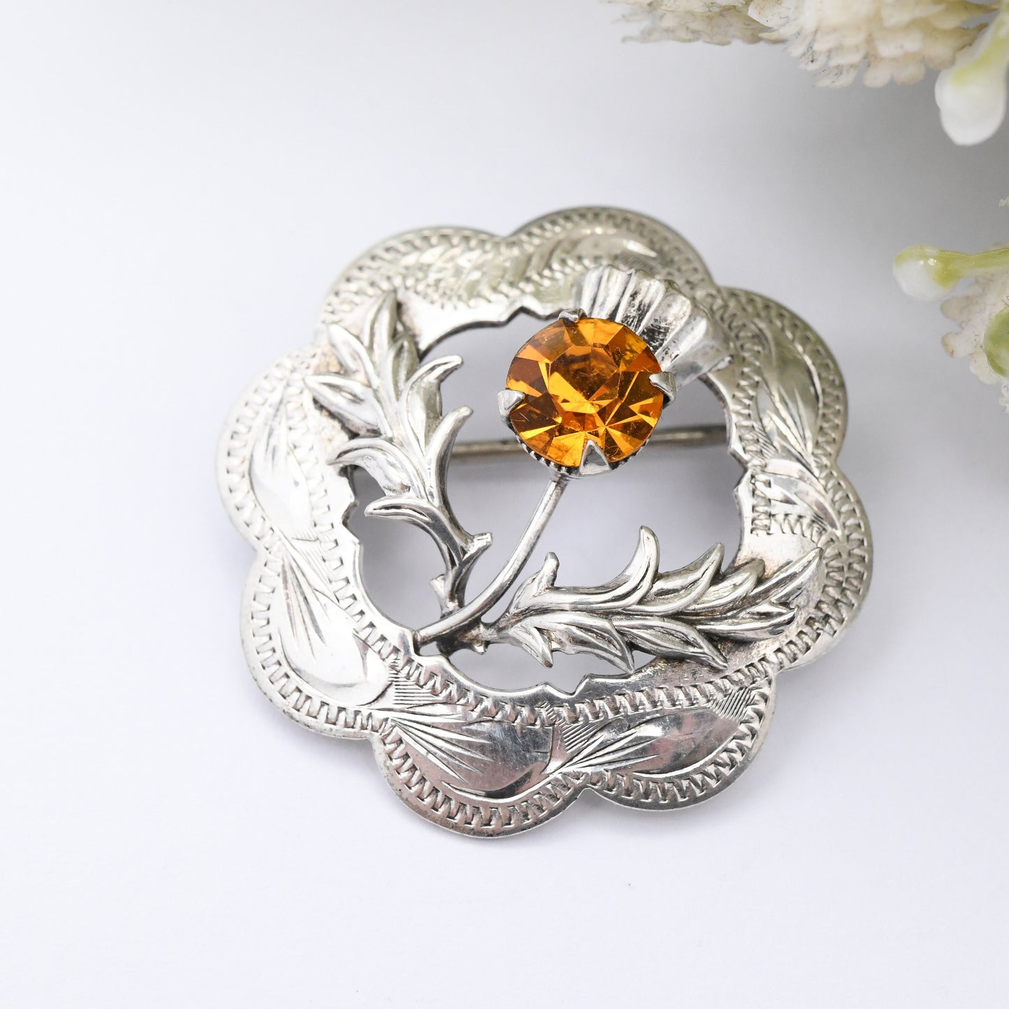 Vintage Mizpah Scottish Thistle Brooch Silver Plated - Orange Citrine Paste Stone | Highlands Floral Statement Jewellery