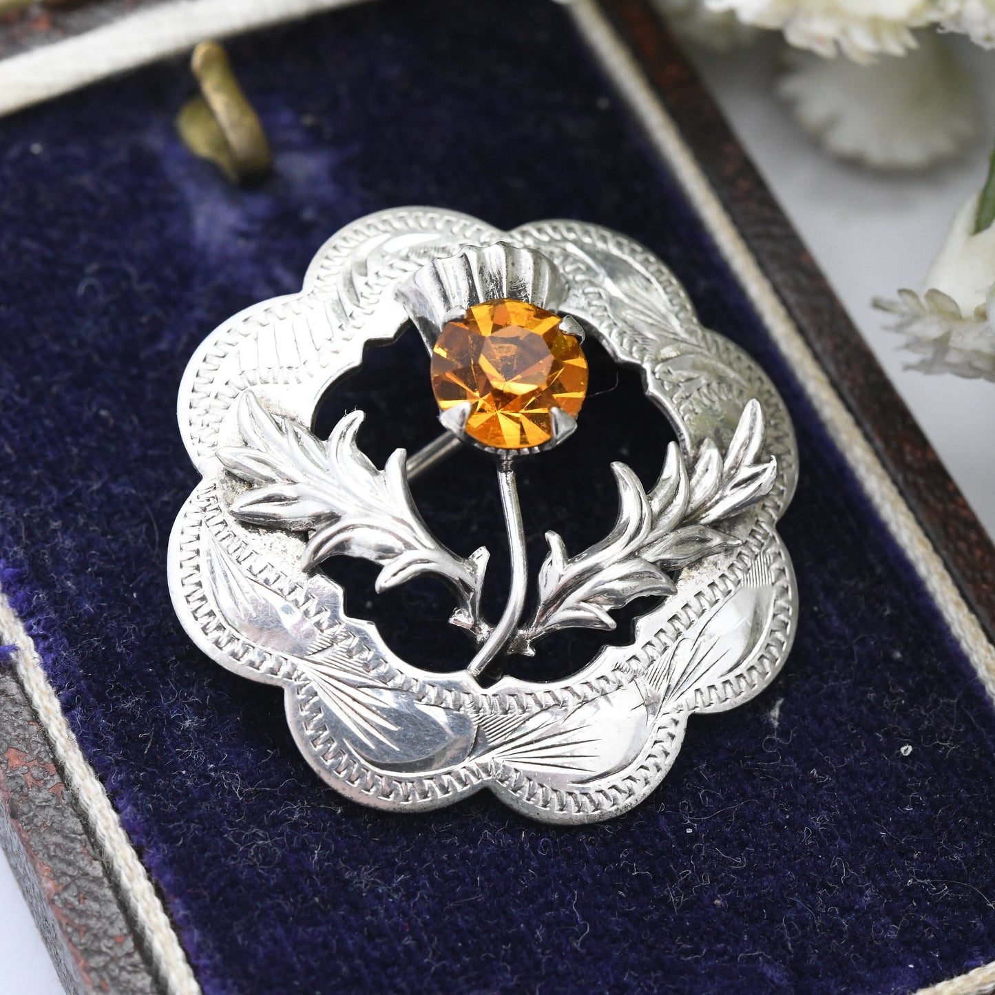 Vintage Mizpah Scottish Thistle Brooch Silver Plated - Orange Citrine Paste Stone | Highlands Floral Statement Jewellery