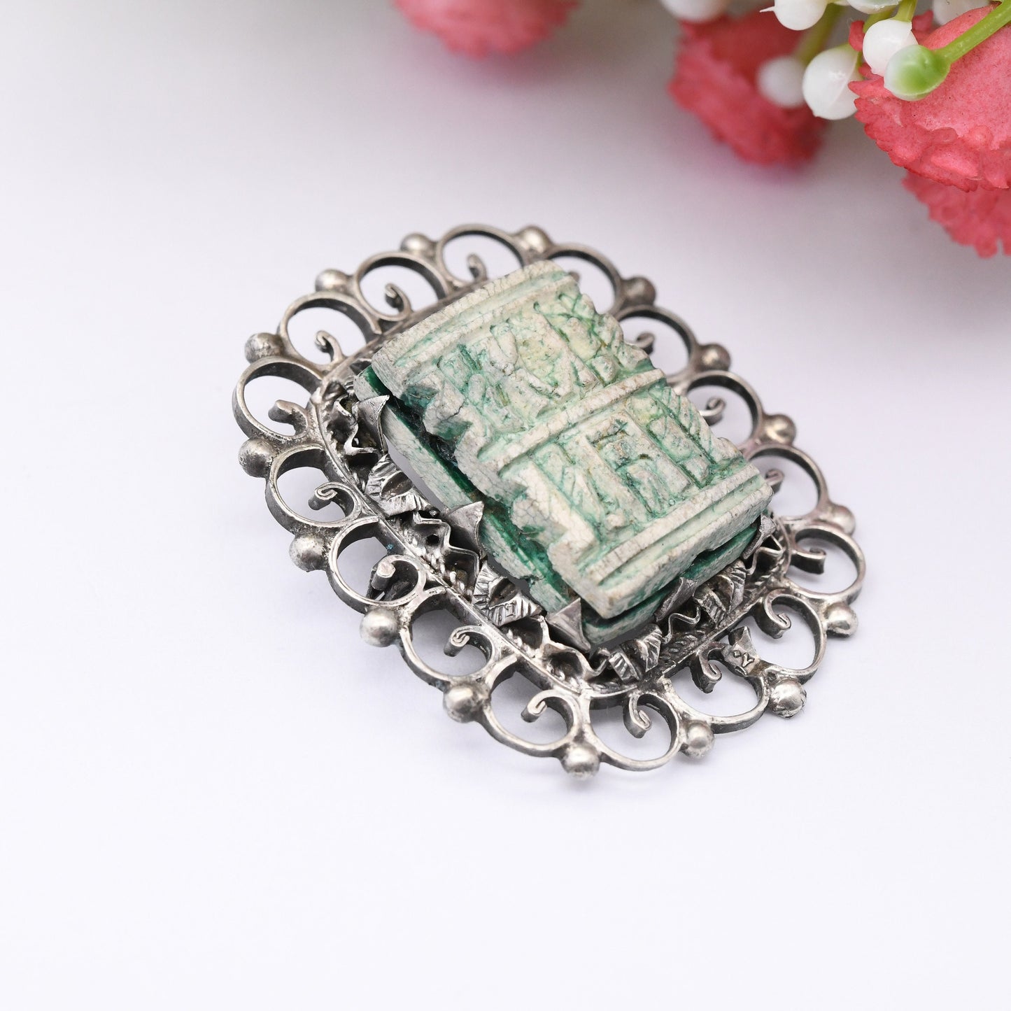 Vintage Egyptian Silver Carved Faience Bead Brooch with Hieroglyphs - Ancient Egyptian Symbols | .800 Silver | Ornate Statement Brooch