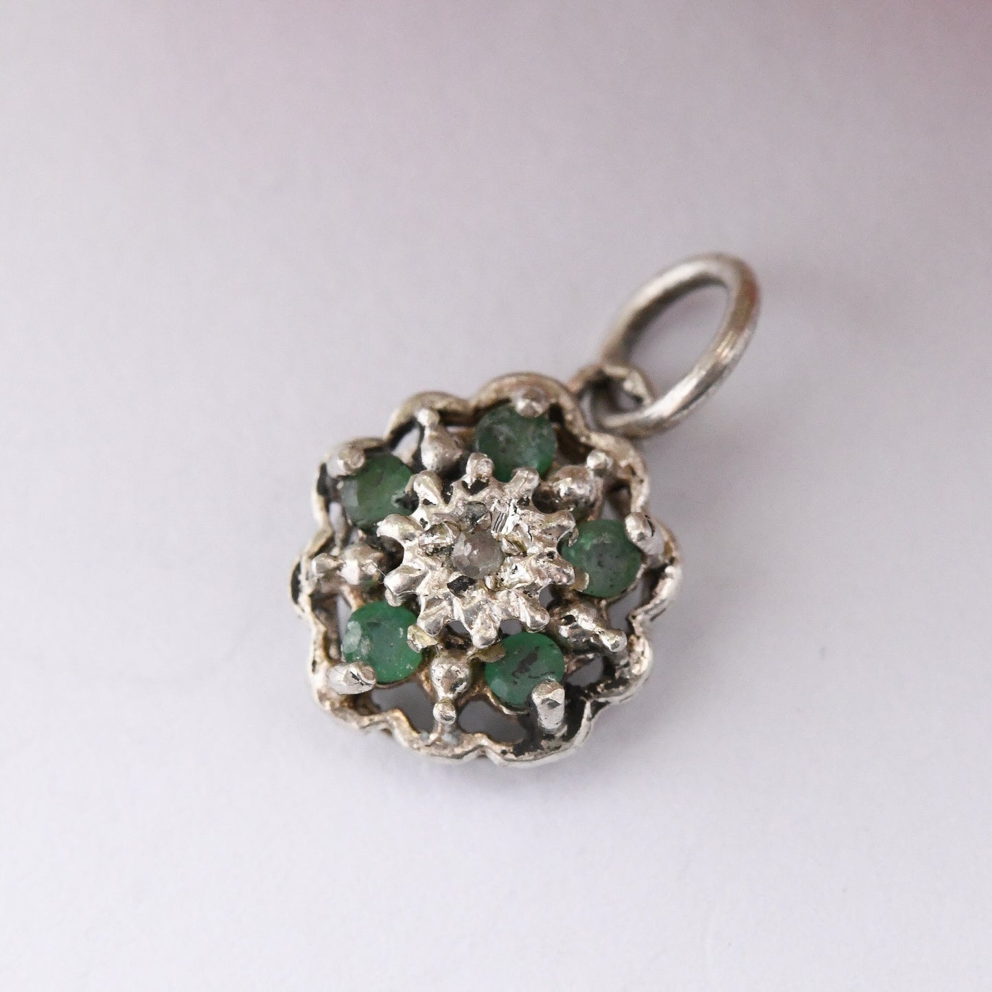 Vintage Sterling Silver Emerald and Diamond Flower Pendant - Floral Cluster Charm | for Necklace Stack | May Birthday Flower Gift