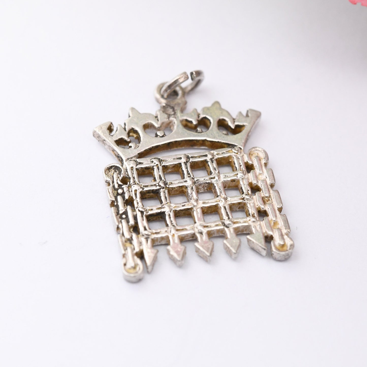 Vintage Sterling Silver Crowned Portcullis Charm Pendant House of Commons Logo - Iconic Gate Symbol | London Souvenir Charm Bracelet