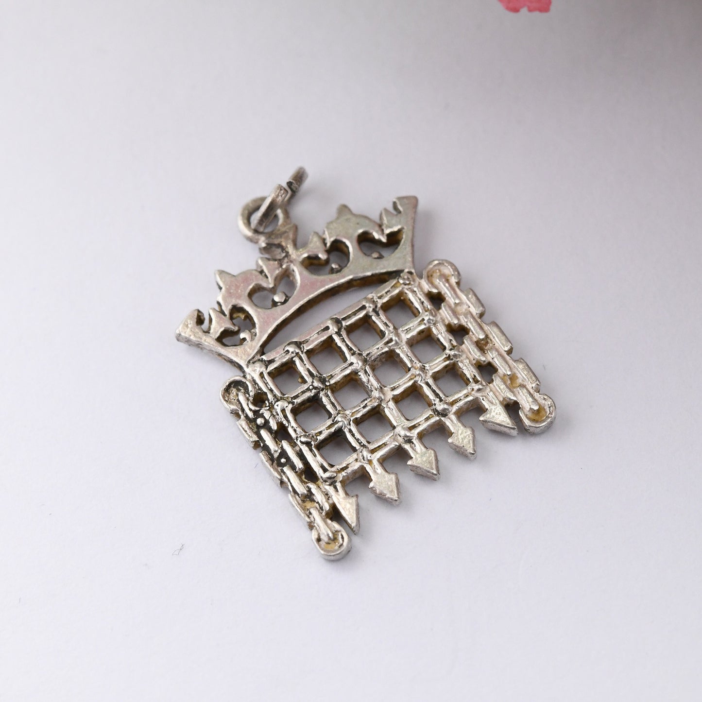 Vintage Sterling Silver Crowned Portcullis Charm Pendant House of Commons Logo - Iconic Gate Symbol | London Souvenir Charm Bracelet