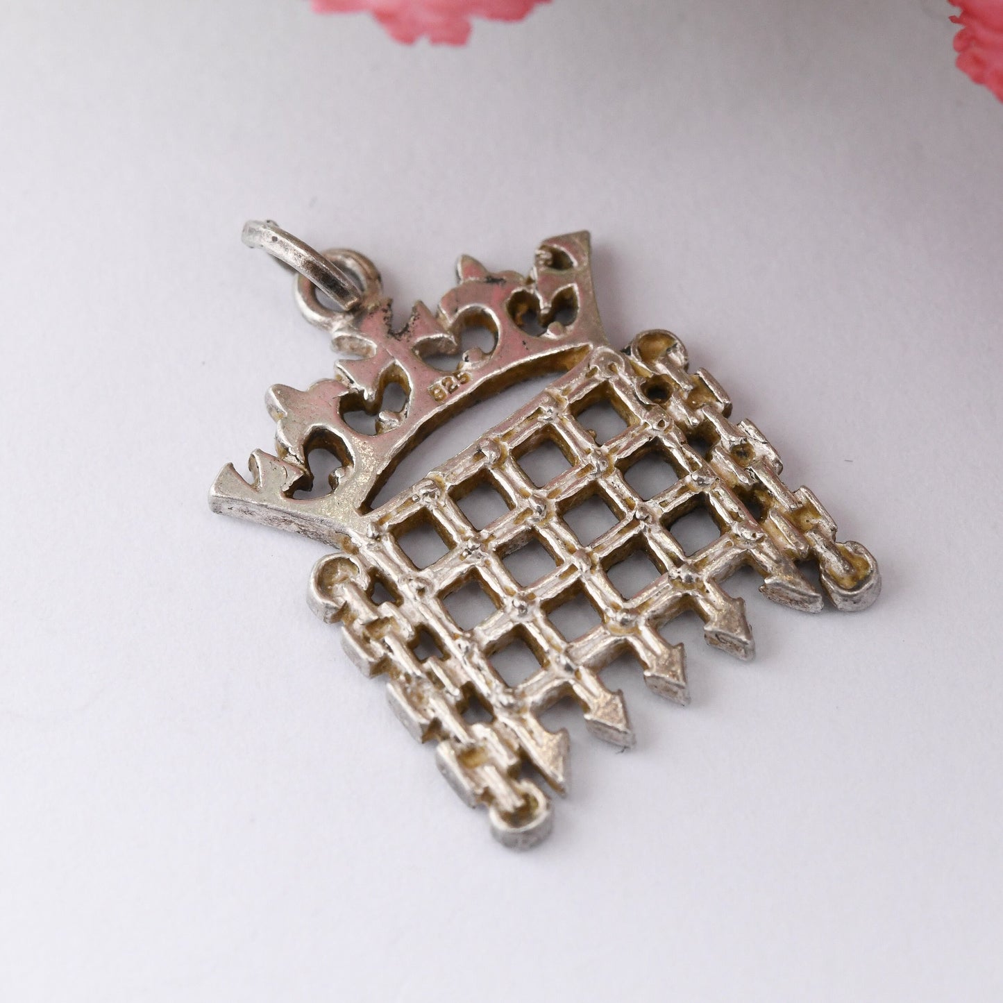 Vintage Sterling Silver Crowned Portcullis Charm Pendant House of Commons Logo - Iconic Gate Symbol | London Souvenir Charm Bracelet