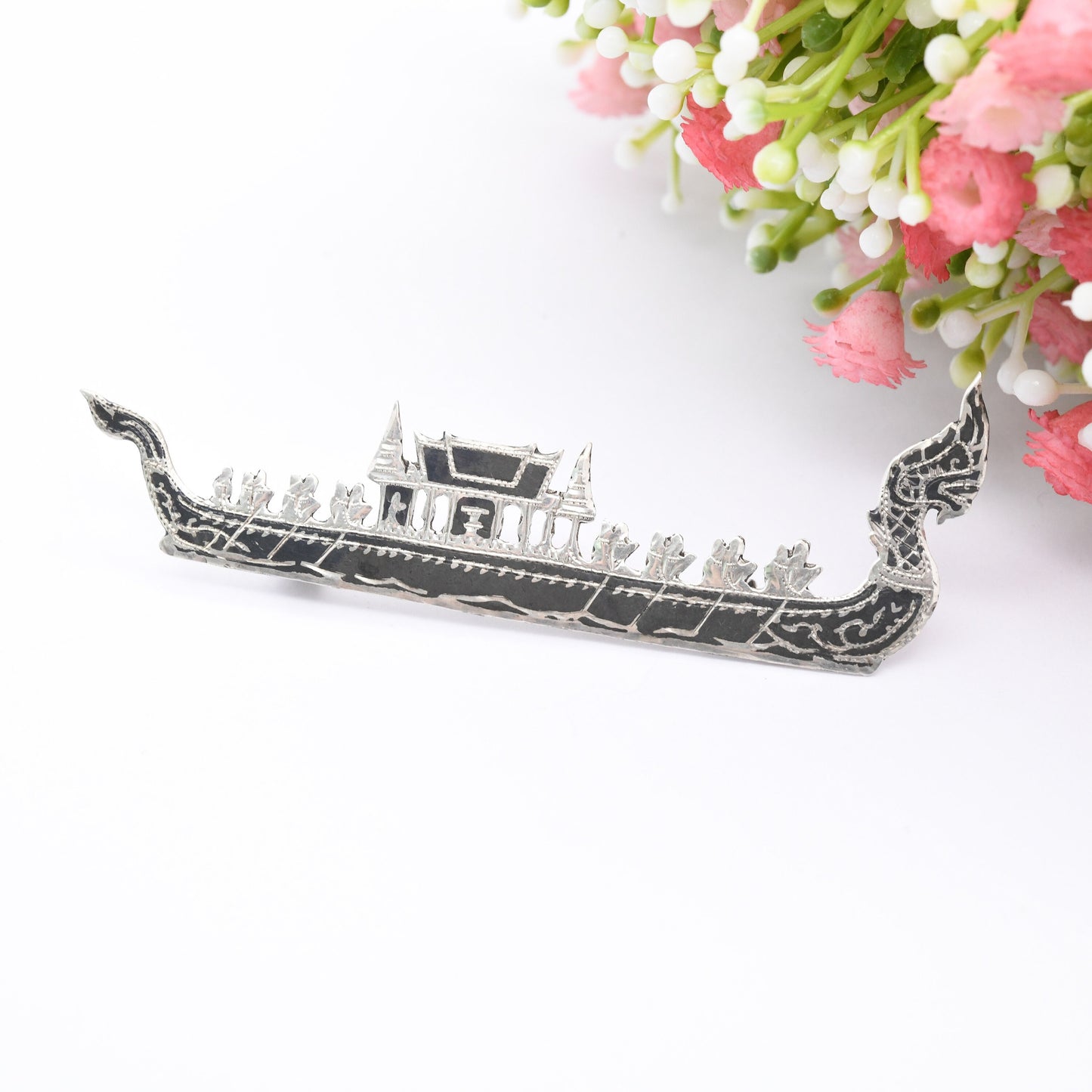 Vintage Sterling Silver Siam Longship Brooch Dragon Figurehead Viking Boat - Oarsmen | Black Niello | Vintage Thailand Silver Figural Brooch