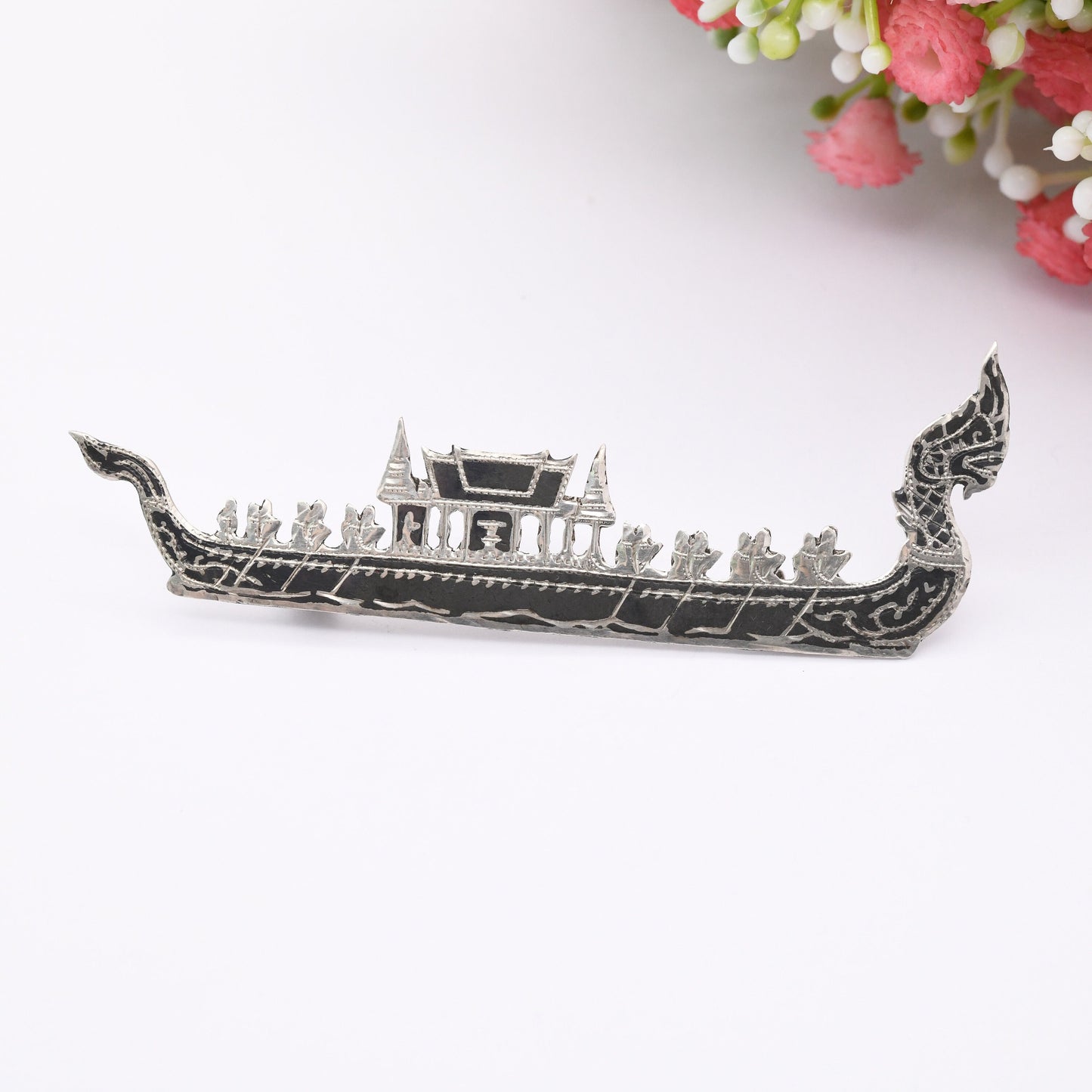 Vintage Sterling Silver Siam Longship Brooch Dragon Figurehead Viking Boat - Oarsmen | Black Niello | Vintage Thailand Silver Figural Brooch