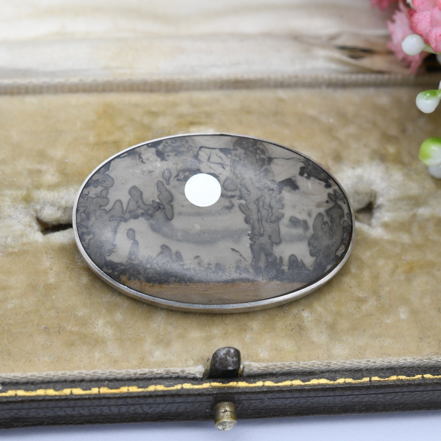 Vintage Sterling Silver Picture Jasper Brooch with Mother of Pearl Moon - Brown Unusual Cabochon Gemstone Jewellery