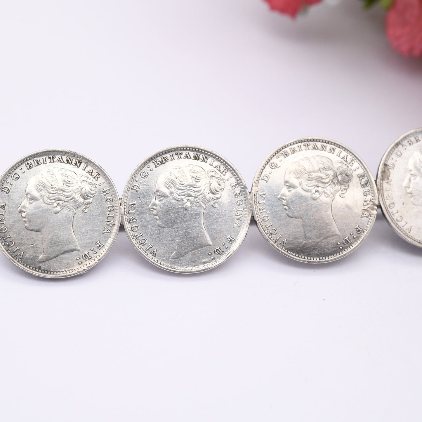 Antique Sterling Silver Victorian Threepence Coin Brooch - 1884 Victoria Young Head Matching Coins | Numismatic Jewellery | Long Bar Brooch