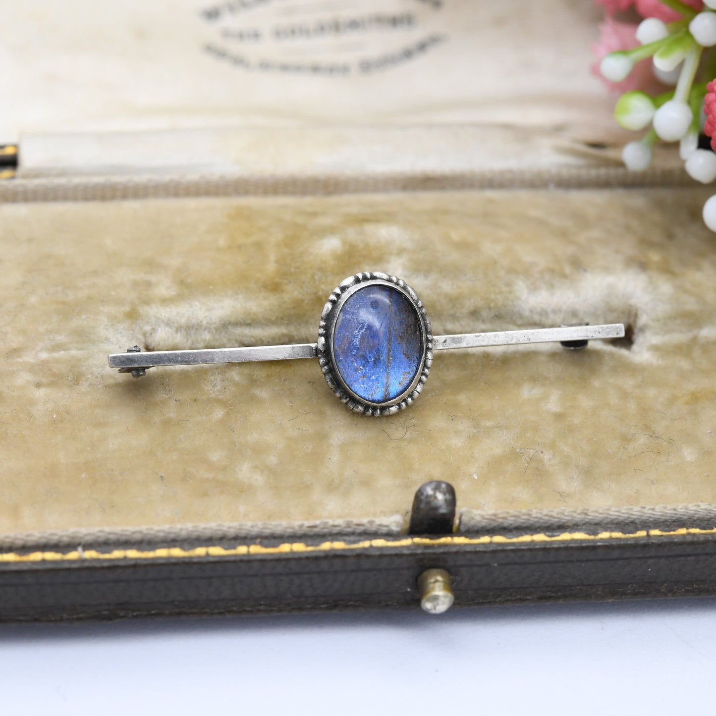 Vintage Art Deco Sterling Silver Butterfly Wing Bar Brooch - True Vintage Blue Butterfly Long Pin