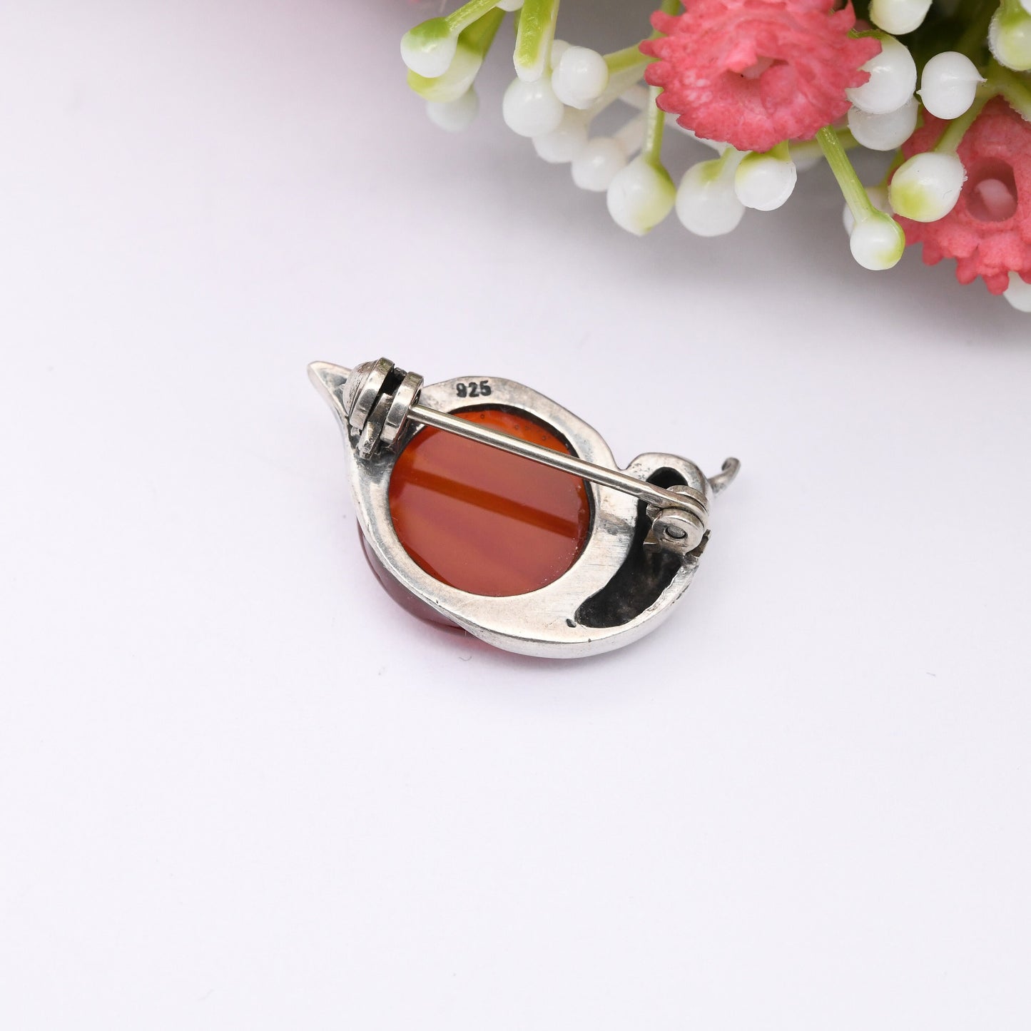 Vintage Sterling Silver Carnelian Snail Brooch - Cute Insect Gift | Small Red Gemstone Jewellery