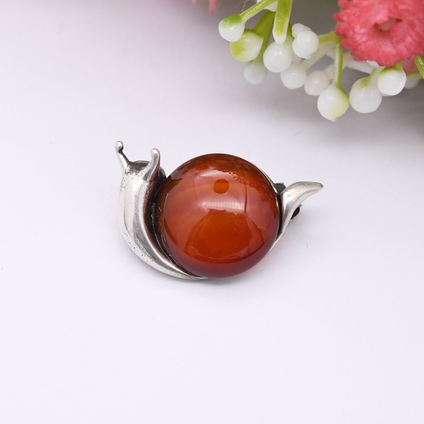 Vintage Sterling Silver Carnelian Snail Brooch - Cute Insect Gift | Small Red Gemstone Jewellery