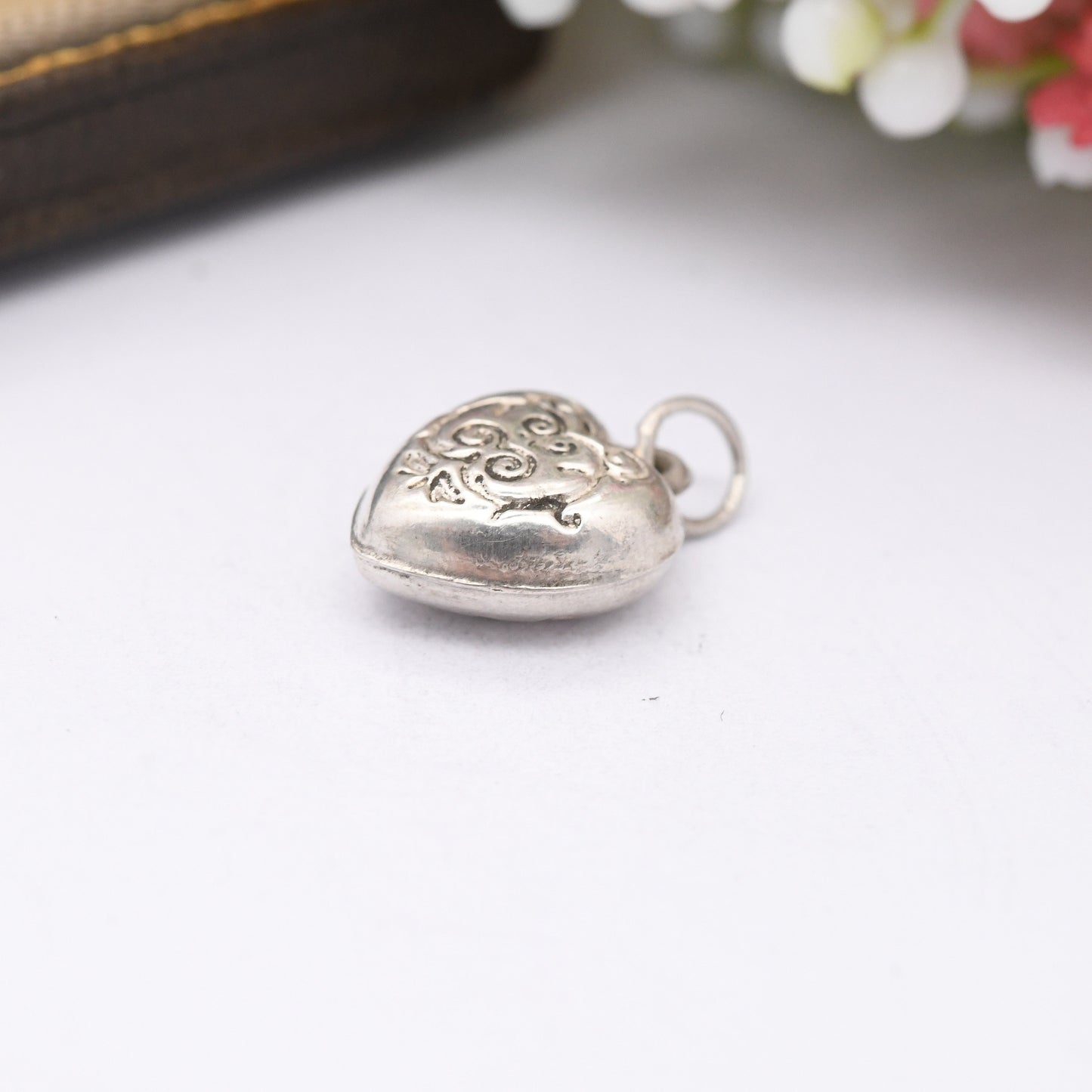 Vintage Sterling Silver Heart Charm Pendant with Engraved Pattern - Small Puffed Love Heart