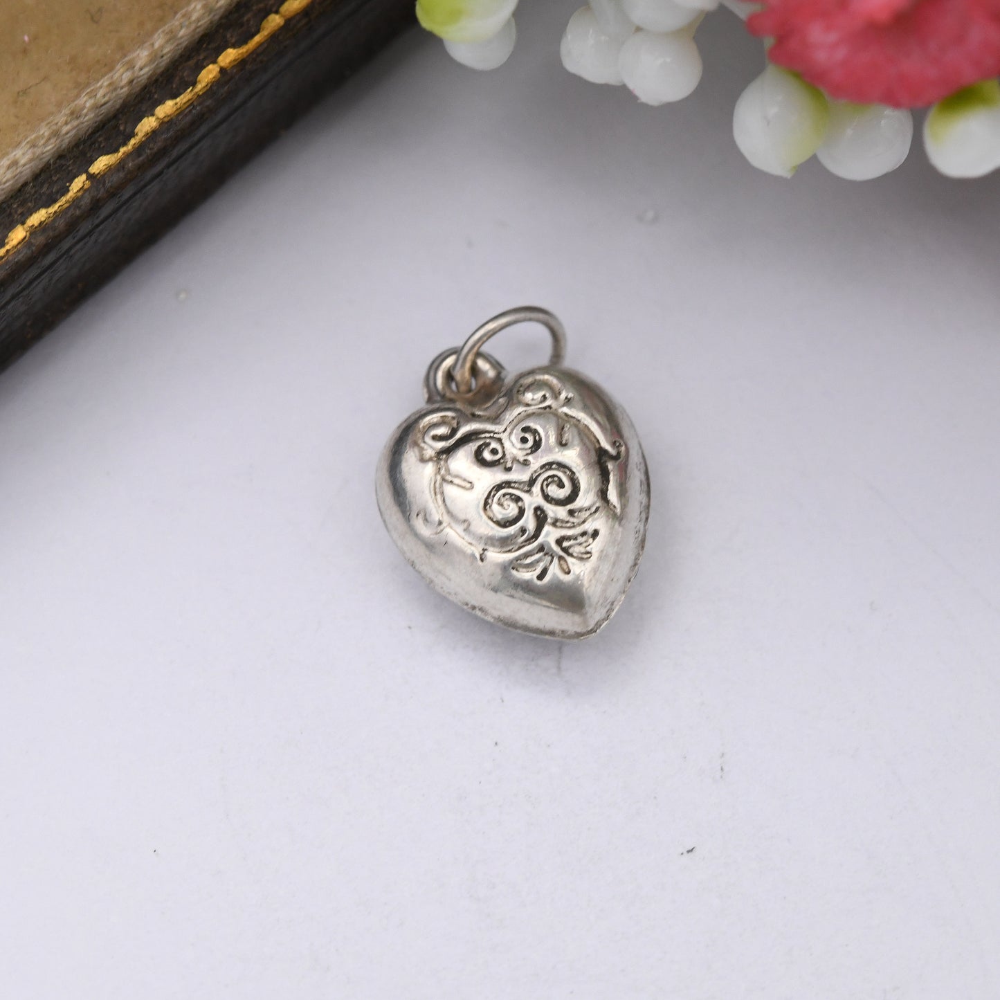 Vintage Sterling Silver Heart Charm Pendant with Engraved Pattern - Small Puffed Love Heart