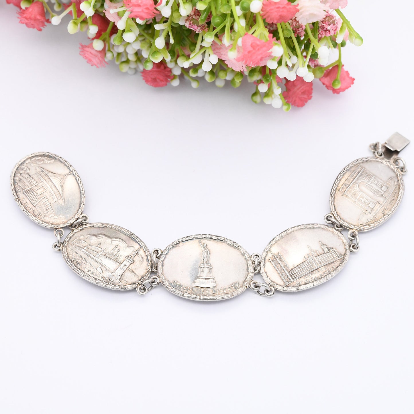 Vintage Sterling Silver Souvenir Bracelet 1945 World Tourist Sites - 5 Panel Scenes | Statue of Liberty USA Arc de Triomphe Paris Parliament